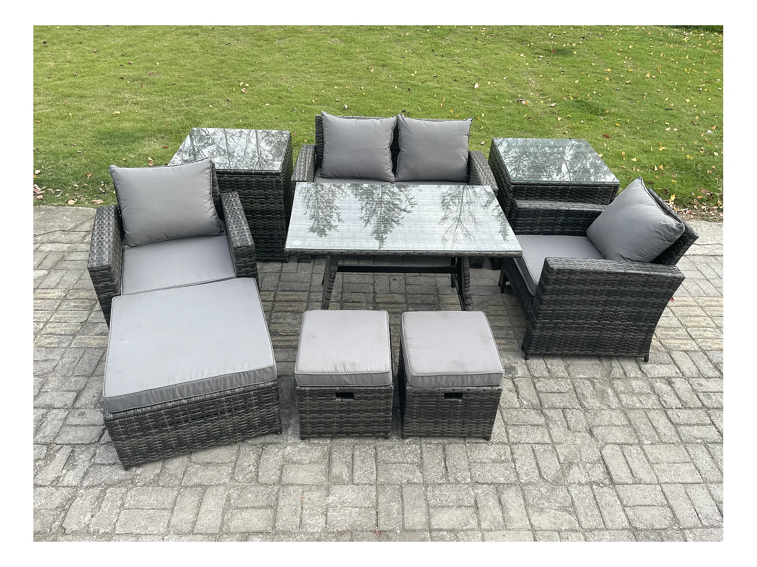 Hoher Rücken Rattan Gartenmöbel Sets mit Rechteckiger Esstisch Sessel 2-Sitzer Sofa 3 Hockern 2 Beistelltischen