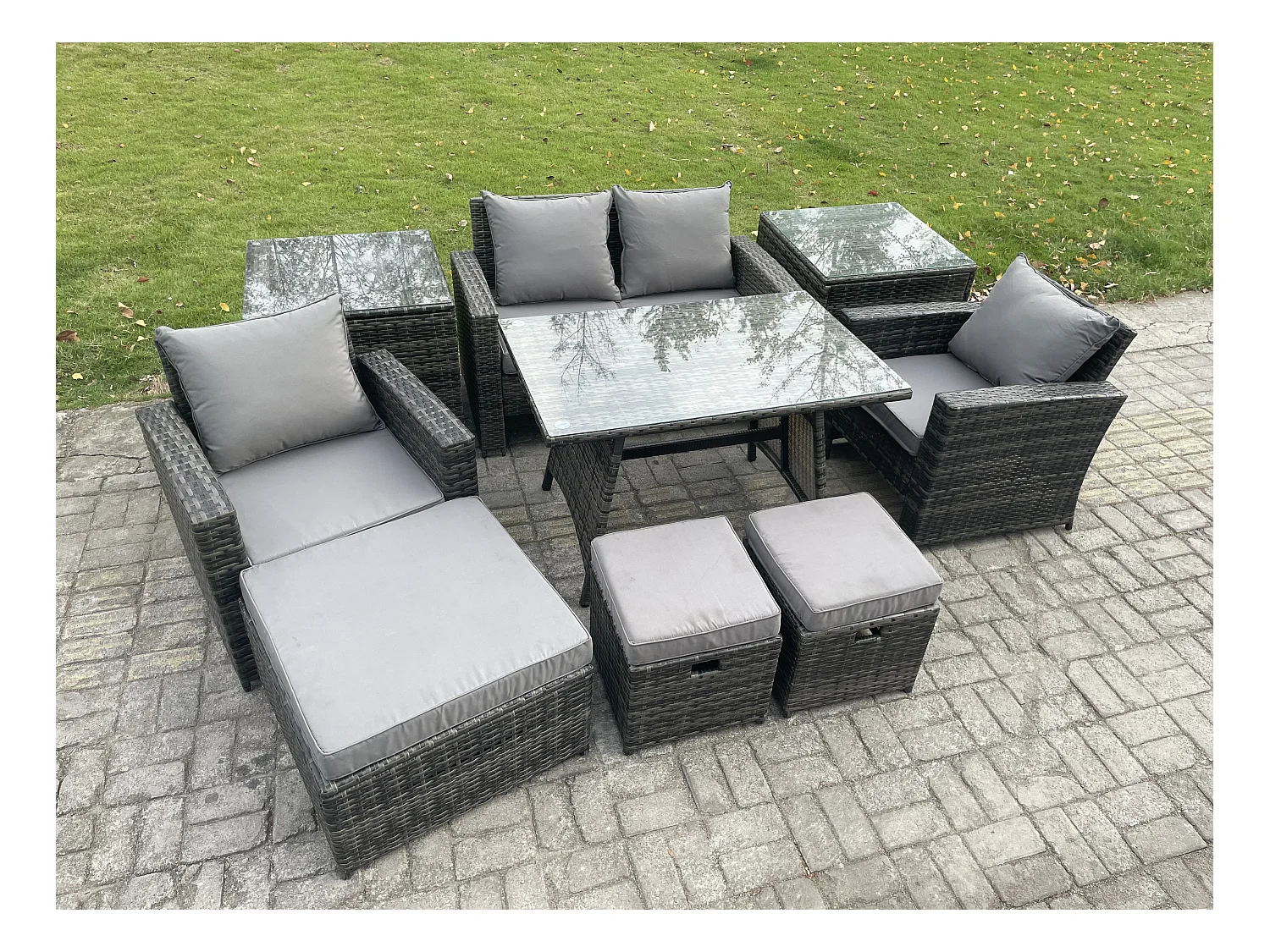 Hoher Rücken Rattan Gartenmöbel Sets mit Rechteckiger Esstisch Sessel 2-Sitzer Sofa 3 Hockern 2 Beistelltischen