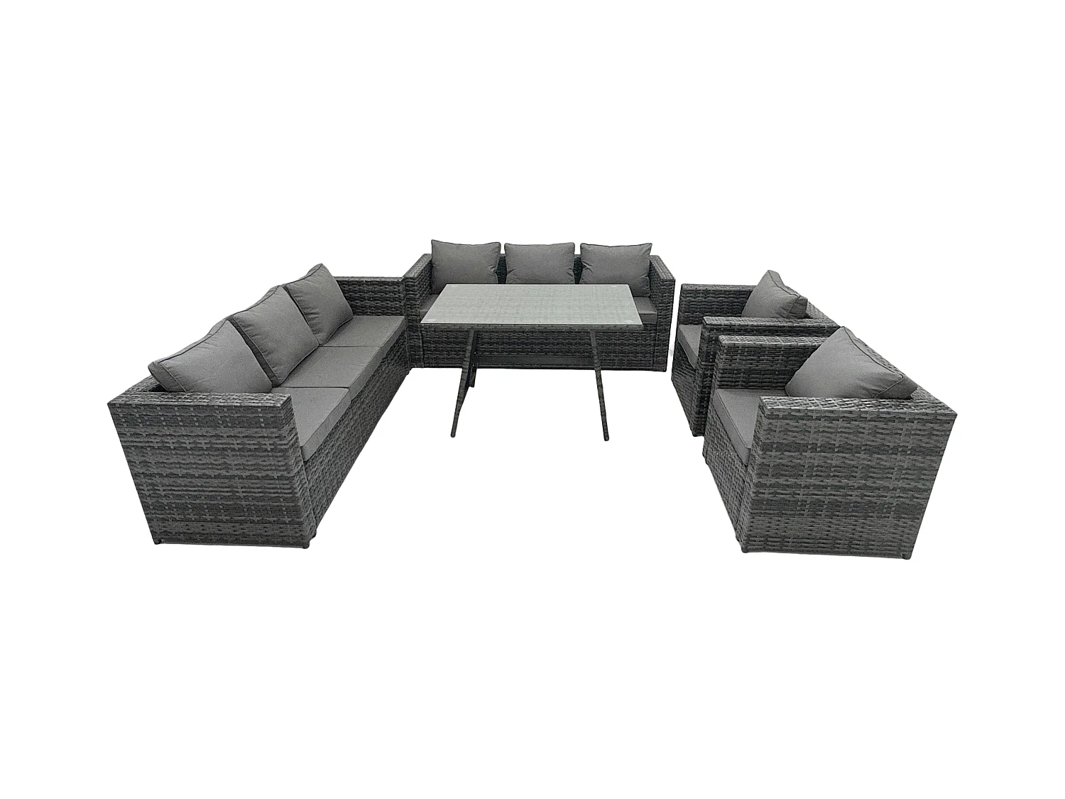 8-Sitzer Lounge Rattan Sofa Set Esstisch Sesseln Gartenmöbel mit Gehärtetes Klarglas