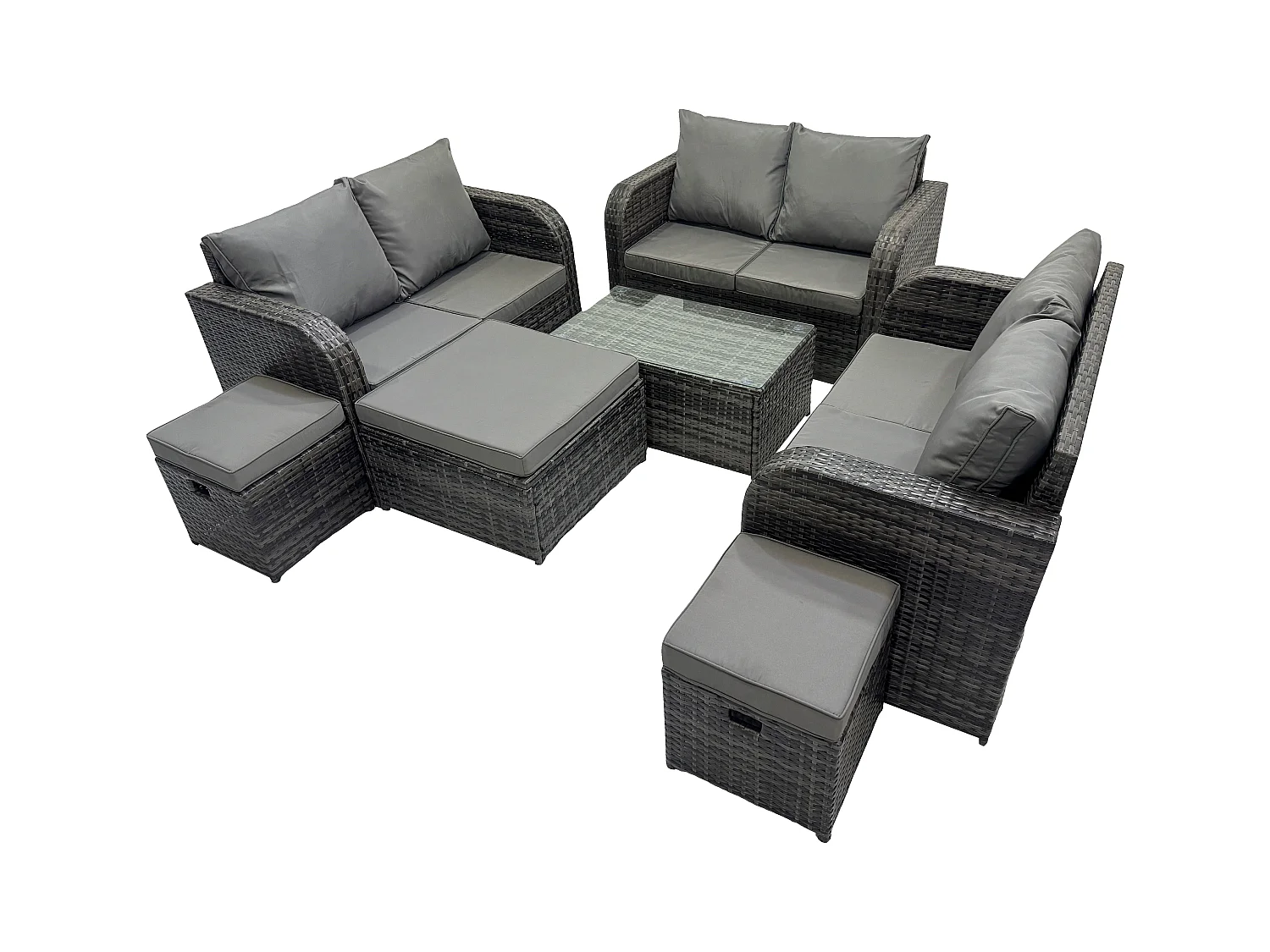 Gartenmöbel-Sets 9-Sitzer Polyrattan Möbel Sofa Sets mit Rechteckiger Couchtisch Love Sofa 3 Hockern Dunkelgrau Gemischt