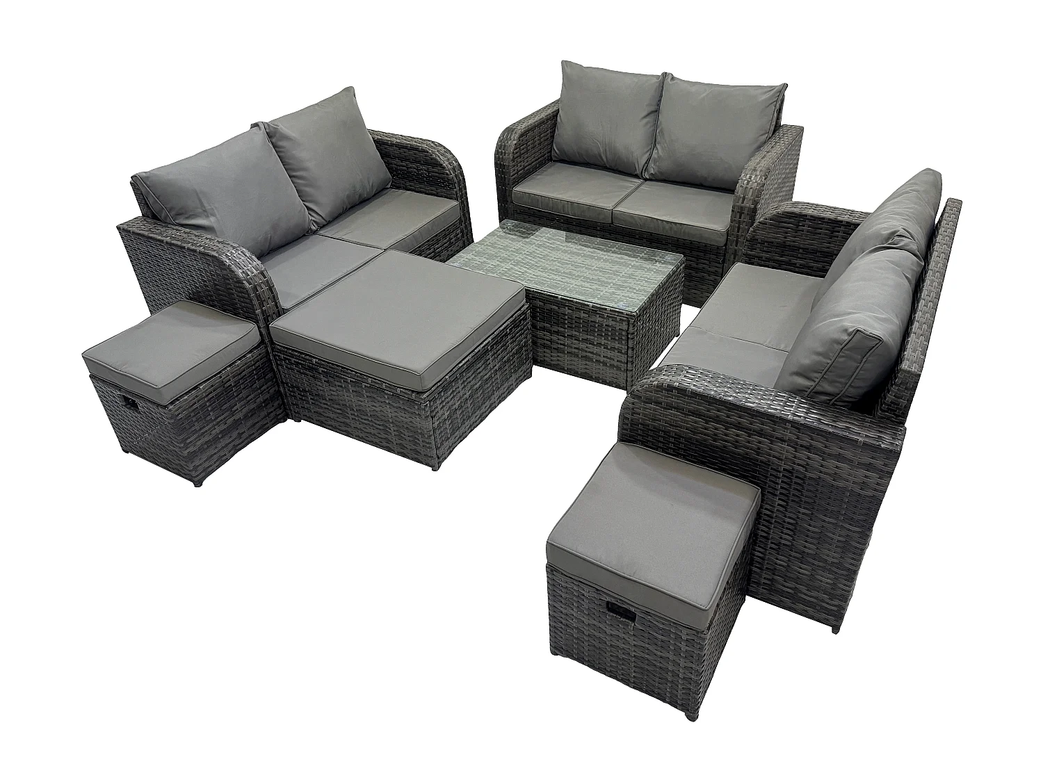 Gartenmöbel-Sets 9-Sitzer Polyrattan Möbel Sofa Sets mit Rechteckiger Couchtisch Love Sofa 3 Hockern Dunkelgrau Gemischt
