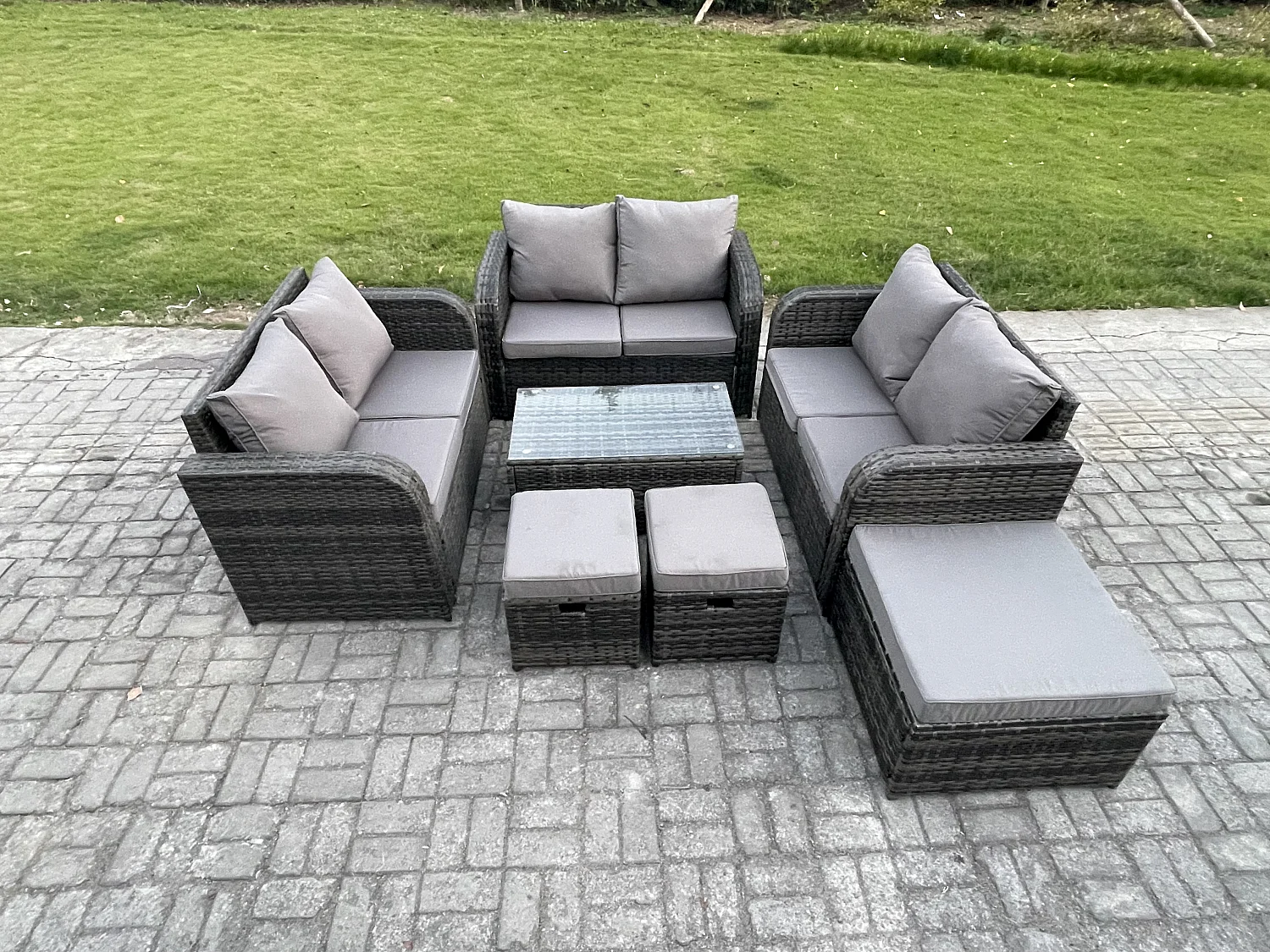 Gartenmöbel-Sets 9-Sitzer Polyrattan Möbel Sofa Sets mit Rechteckiger Couchtisch Love Sofa 3 Hockern Dunkelgrau Gemischt