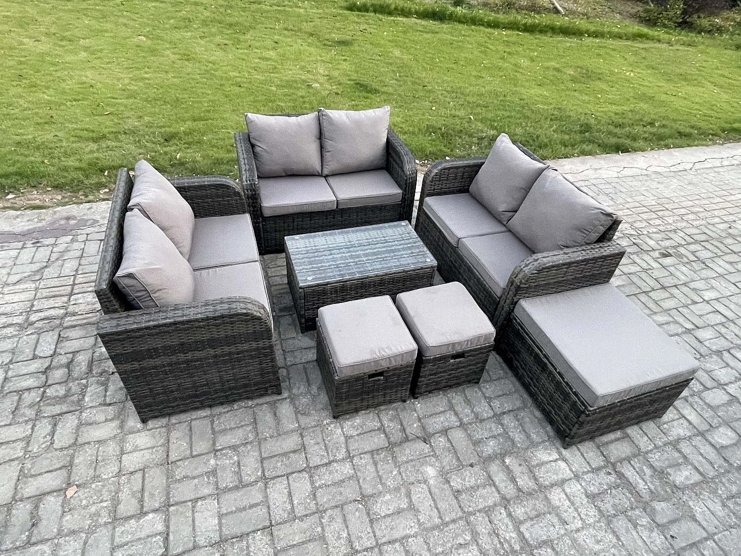 Gartenmöbel-Sets 9-Sitzer Polyrattan Möbel Sofa Sets mit Rechteckiger Couchtisch Love Sofa 3 Hockern Dunkelgrau Gemischt