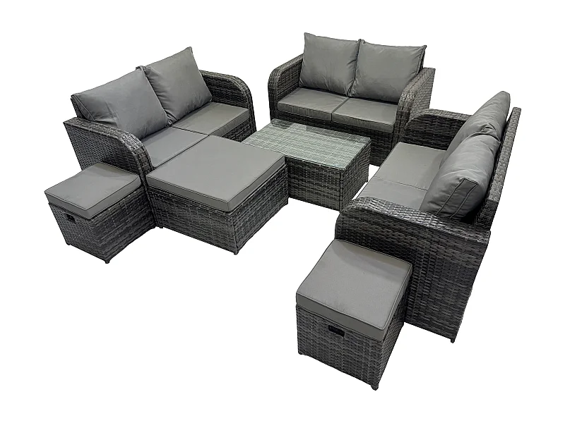 Gartenmöbel-Sets 9-Sitzer Polyrattan Möbel Sofa Sets mit Rechteckiger Couchtisch Love Sofa 3 Hockern Dunkelgrau Gemischt