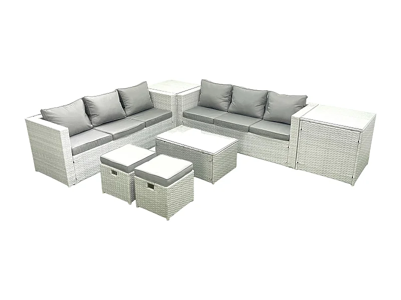 Ensemble de meubles d'extérieur en rotin 8 places avec 2 Petits tabourets 2 Tables d'appoint Gris clair mixte