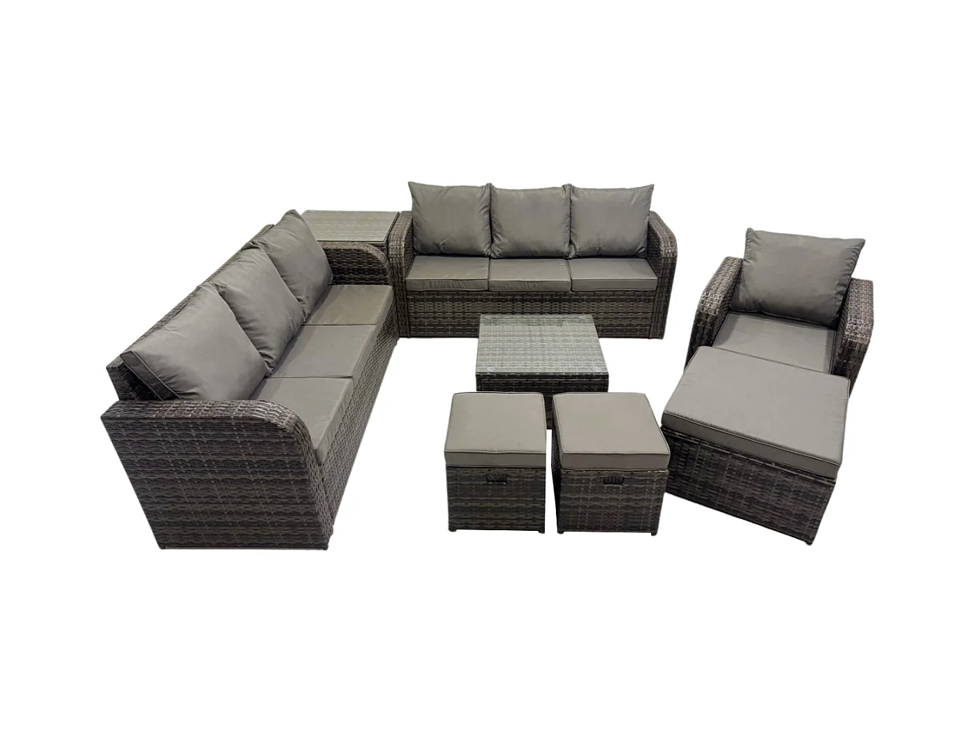 10-Sitzer Polyrattan Gartenmöbelset Garten Sofa Couchtisch Set mit Liegestühle 3 Hockern Beistelltisch Dunkelgrau Gemischt