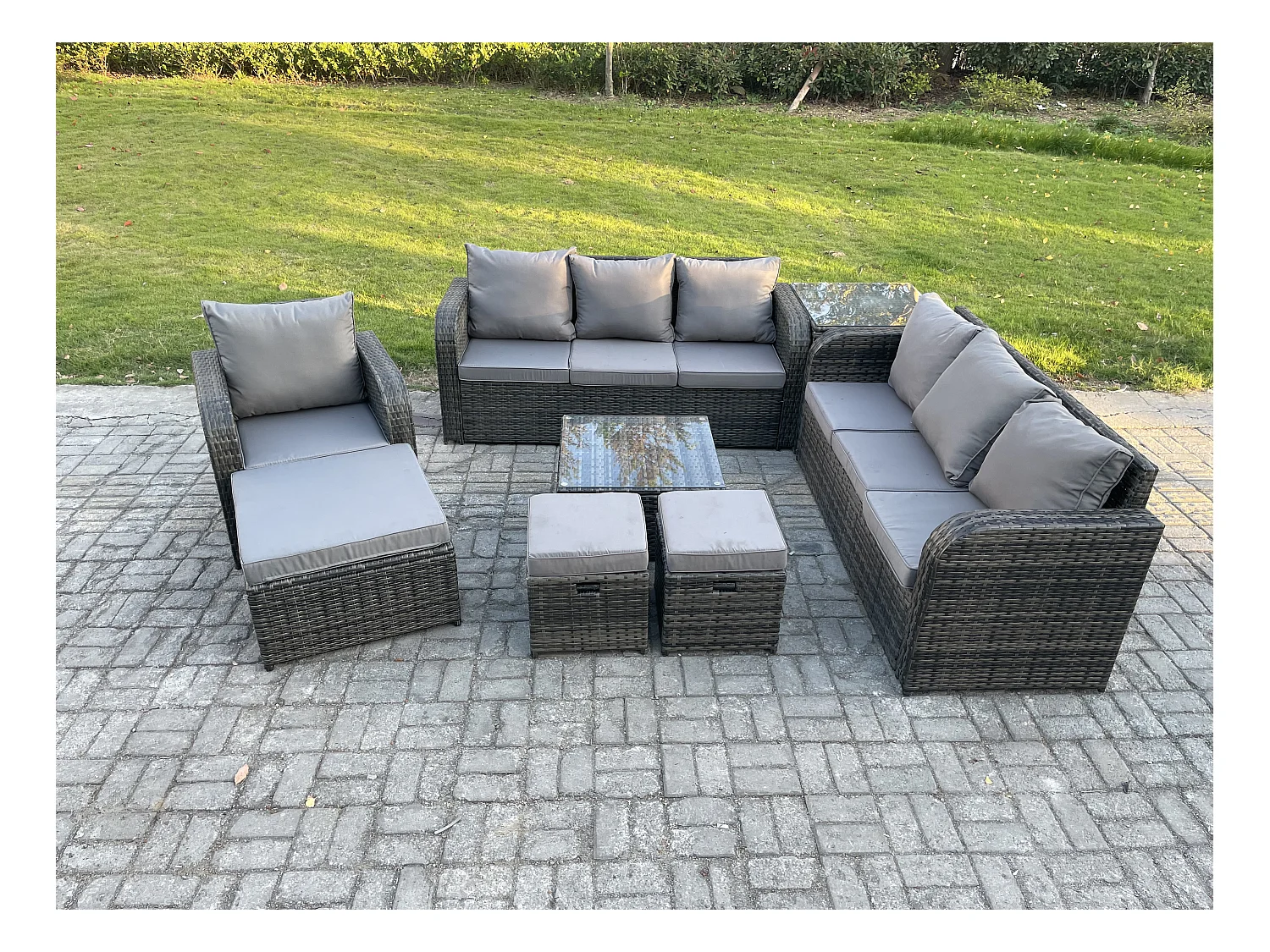 10-Sitzer Polyrattan Gartenmöbelset Garten Sofa Couchtisch Set mit Liegestühle 3 Hockern Beistelltisch Dunkelgrau Gemischt