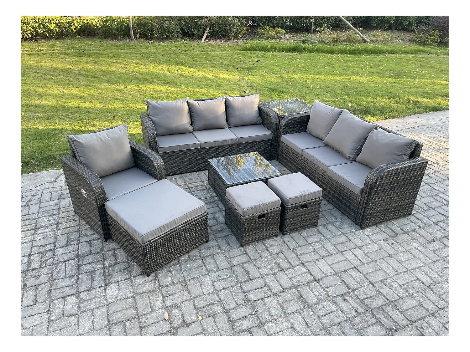 10-Sitzer Polyrattan Gartenmöbelset Garten Sofa Couchtisch Set mit Liegestühle 3 Hockern Beistelltisch Dunkelgrau Gemischt