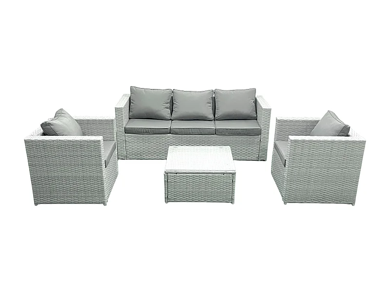 5-Sitzer Polyrattan Gartenmöbel Set mit 3-Sitzer Sofa 2 Sesseln Quadratischer Couchtisch Hellgrau gemischt