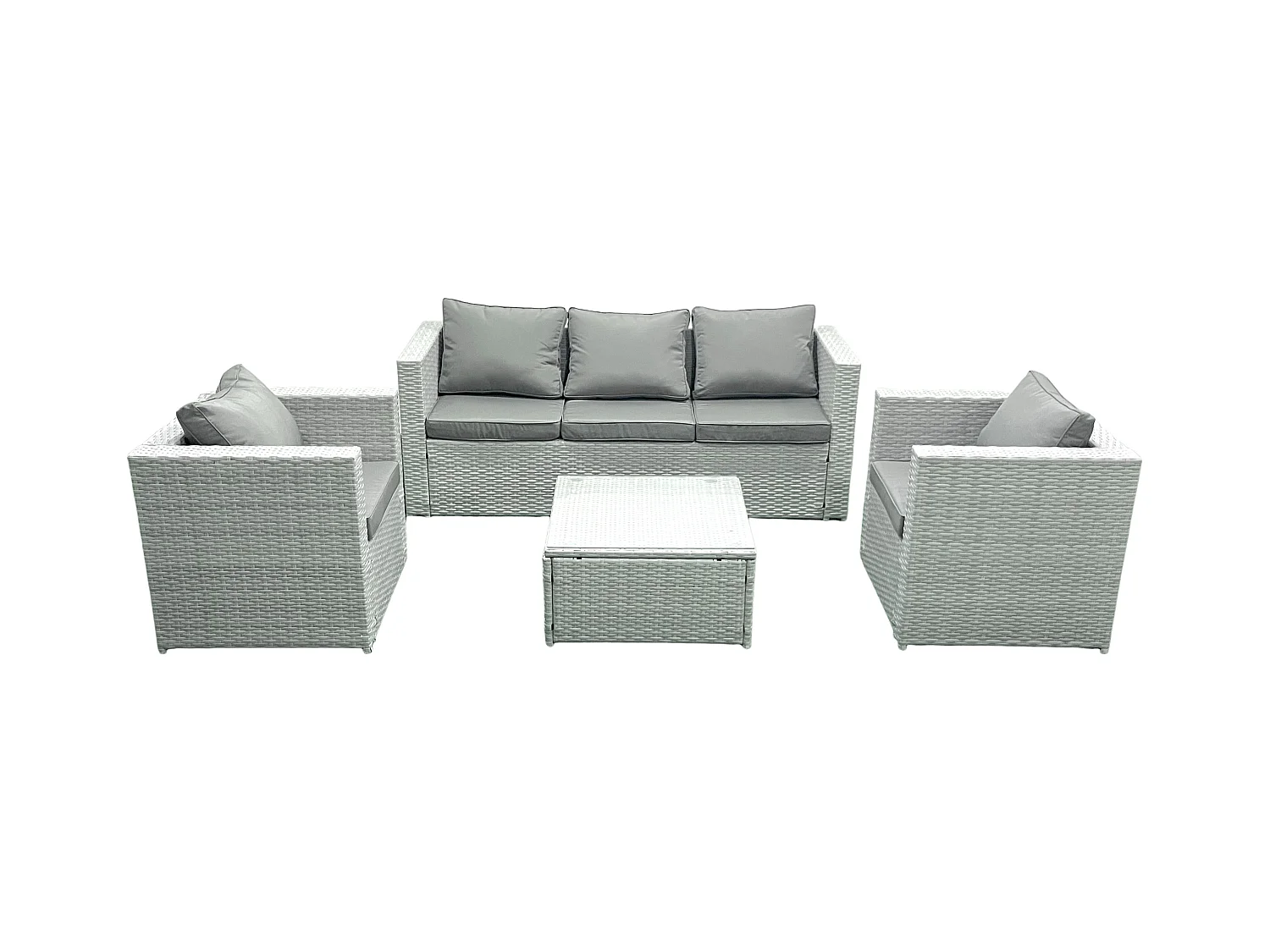 5-Sitzer Polyrattan Gartenmöbel Set mit 3-Sitzer Sofa 2 Sesseln Quadratischer Couchtisch Hellgrau gemischt
