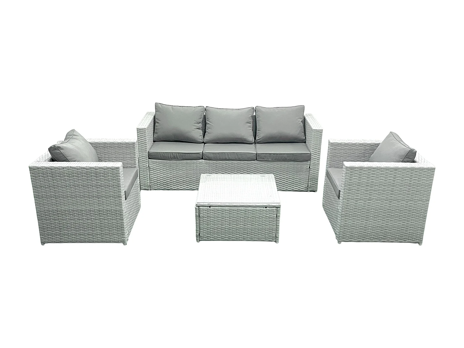 5-Sitzer Polyrattan Gartenmöbel Set mit 3-Sitzer Sofa 2 Sesseln Quadratischer Couchtisch Hellgrau gemischt