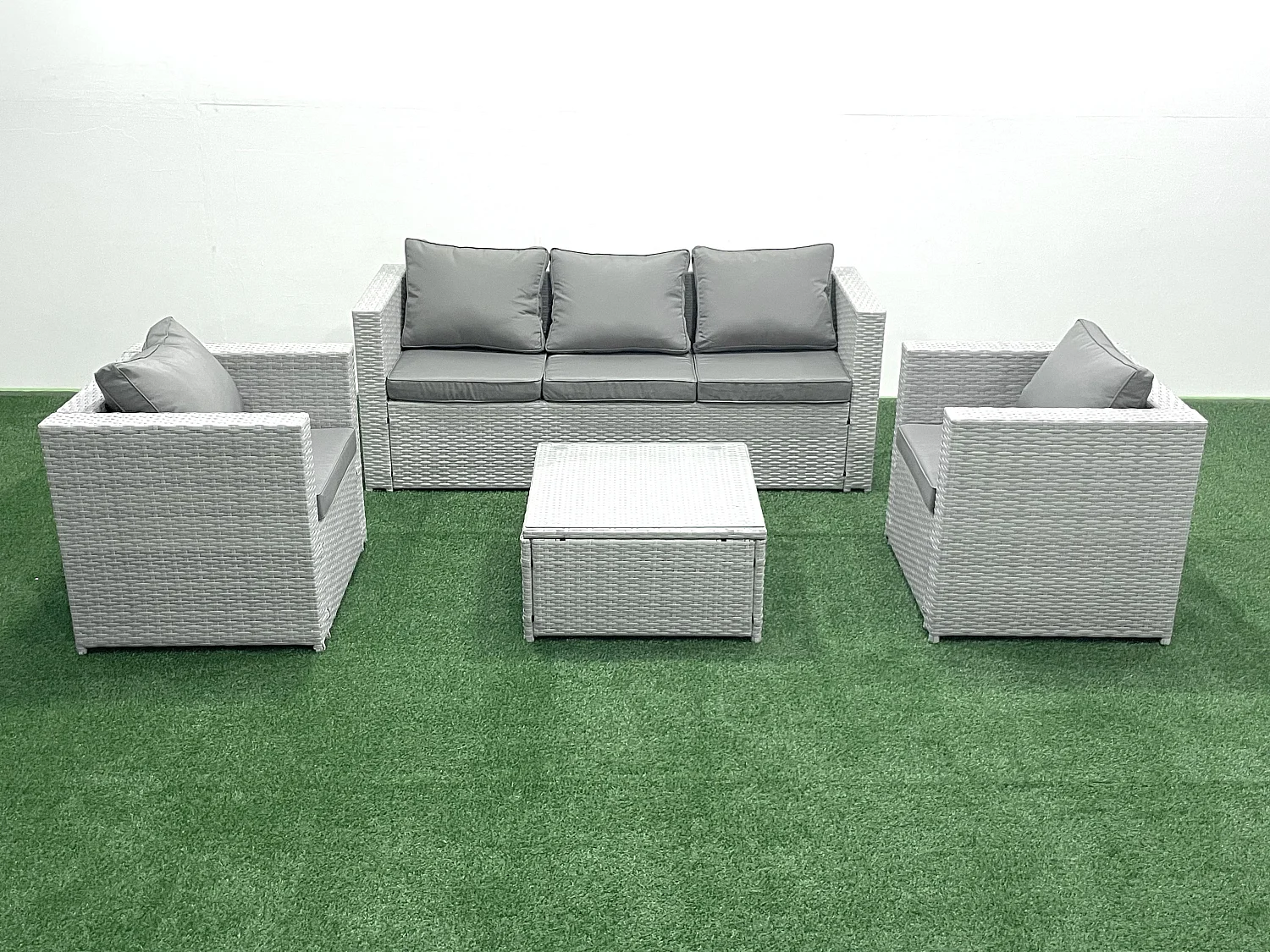 5-Sitzer Polyrattan Gartenmöbel Set mit 3-Sitzer Sofa 2 Sesseln Quadratischer Couchtisch Hellgrau gemischt