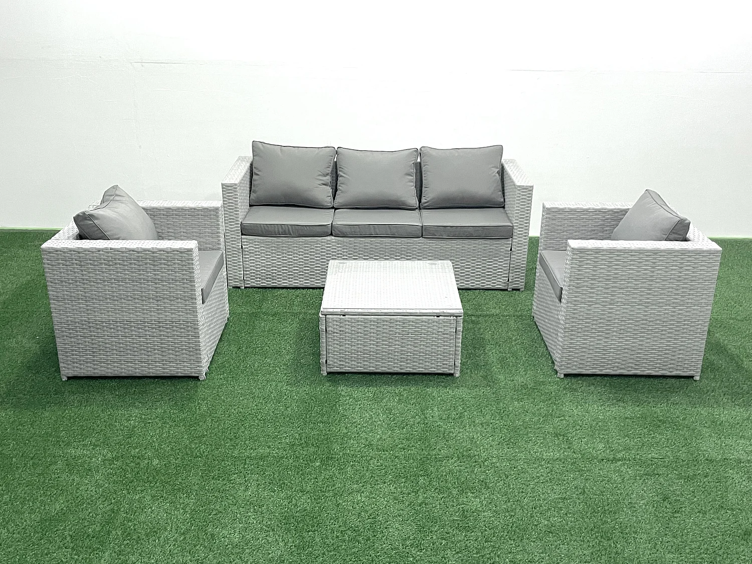 5-Sitzer Polyrattan Gartenmöbel Set mit 3-Sitzer Sofa 2 Sesseln Quadratischer Couchtisch Hellgrau gemischt