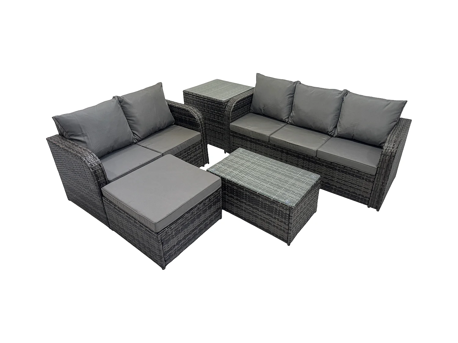 6-Sitzer Hoher Rücken Rattan Gartenmöbel Sets mit Rechteckiger Couchtisch 3-Sitzer Sofa Love Sofa 2 Großer Hockern Beistelltisch