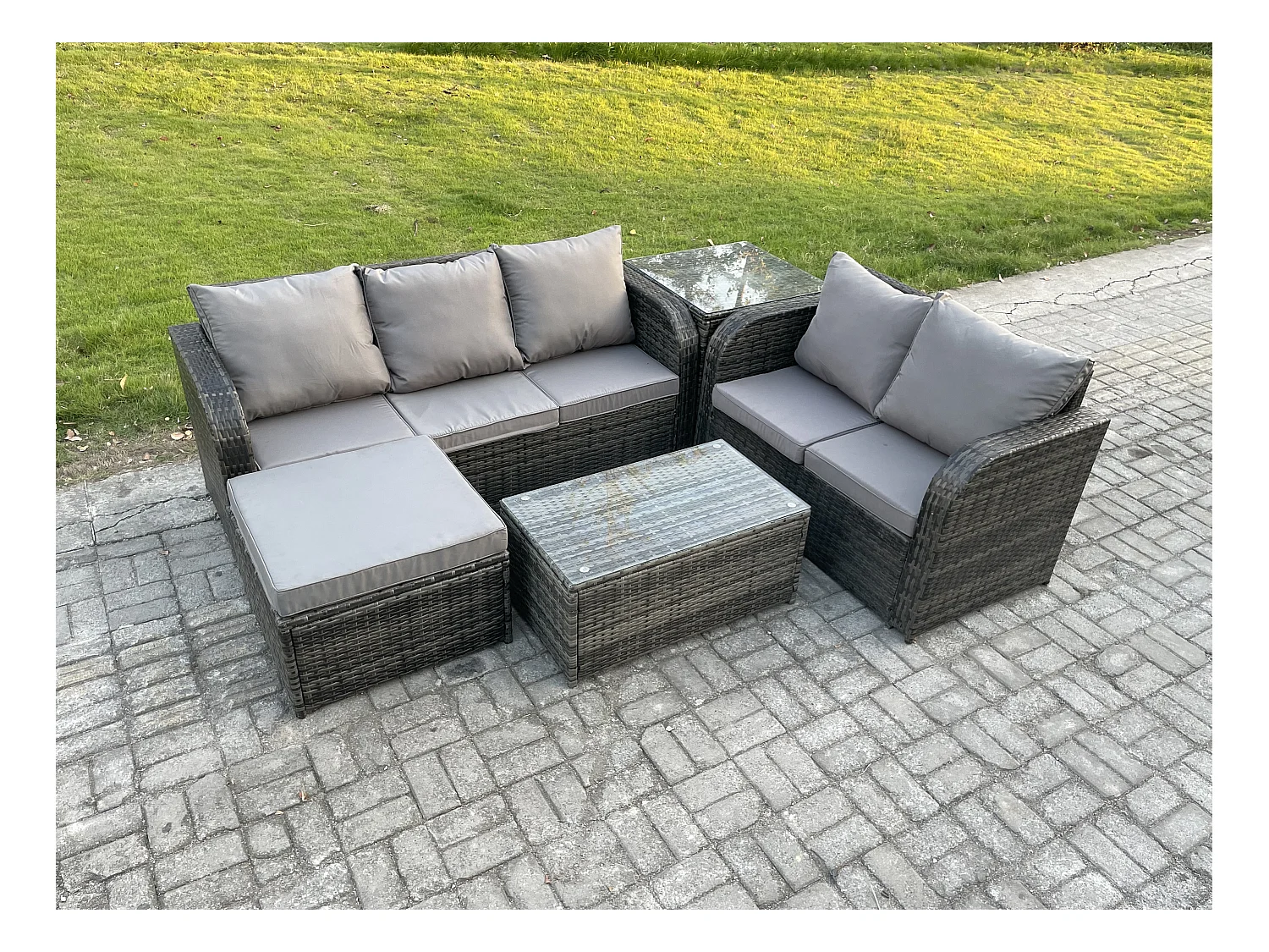 6-Sitzer Hoher Rücken Rattan Gartenmöbel Sets mit Rechteckiger Couchtisch 3-Sitzer Sofa Love Sofa 2 Großer Hockern Beistelltisch