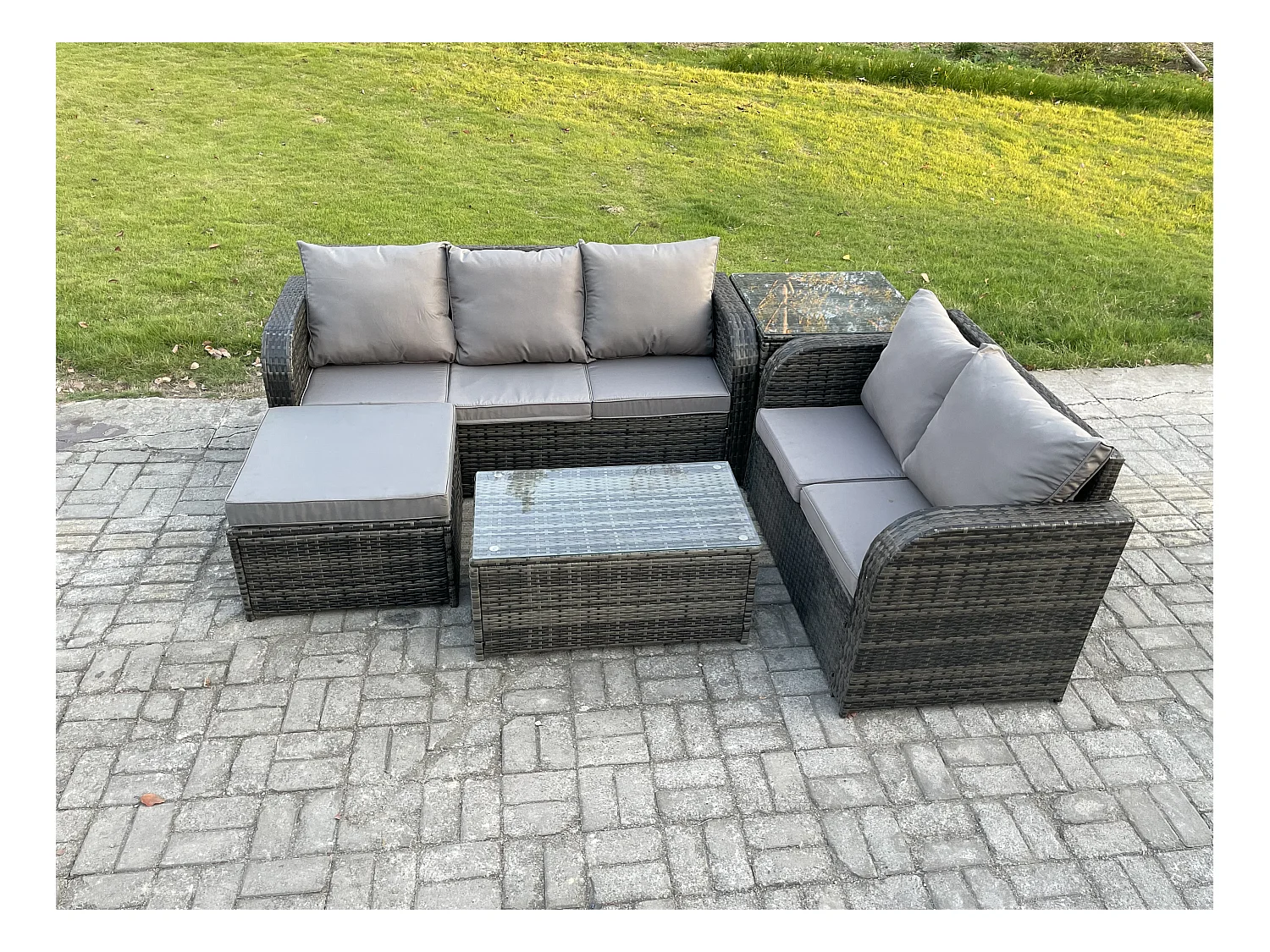 6-Sitzer Hoher Rücken Rattan Gartenmöbel Sets mit Rechteckiger Couchtisch 3-Sitzer Sofa Love Sofa 2 Großer Hockern Beistelltisch