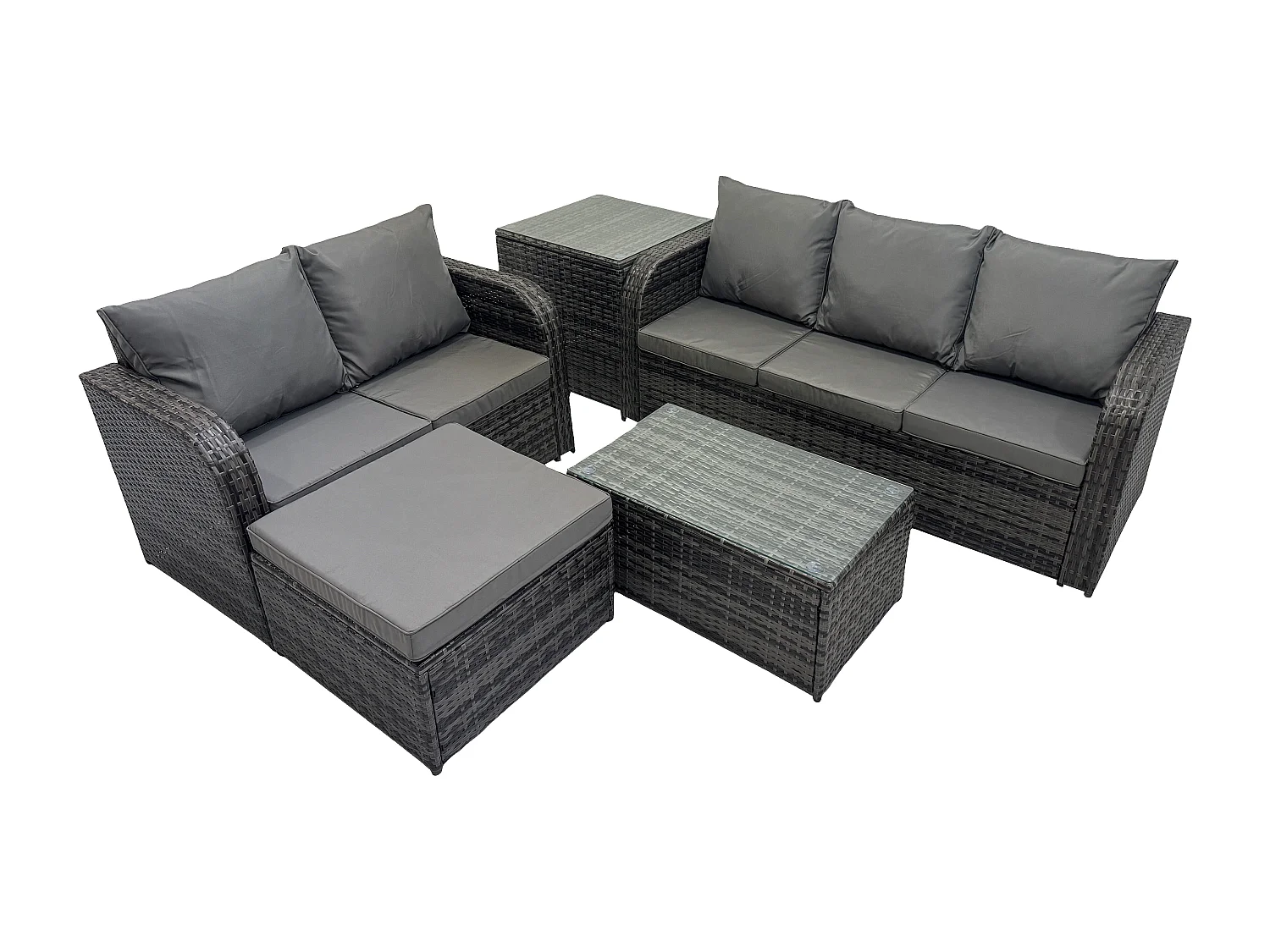 6-Sitzer Hoher Rücken Rattan Gartenmöbel Sets mit Rechteckiger Couchtisch 3-Sitzer Sofa Love Sofa 2 Großer Hockern Beistelltisch