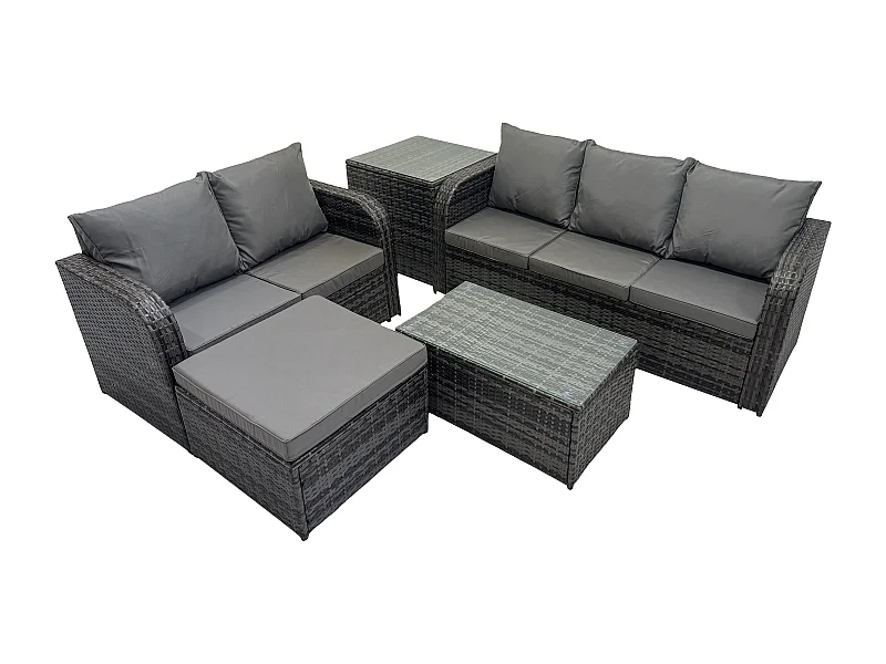 6-Sitzer Hoher Rücken Rattan Gartenmöbel Sets mit Rechteckiger Couchtisch 3-Sitzer Sofa Love Sofa 2 Großer Hockern Beistelltisch