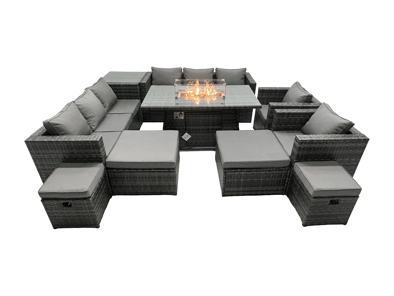 Ensemble de meubles de jardin en rotin ave Table de foyer à gaz 12 places Ensemble de canapés avec Table d'appoint 2 Grand tabourets