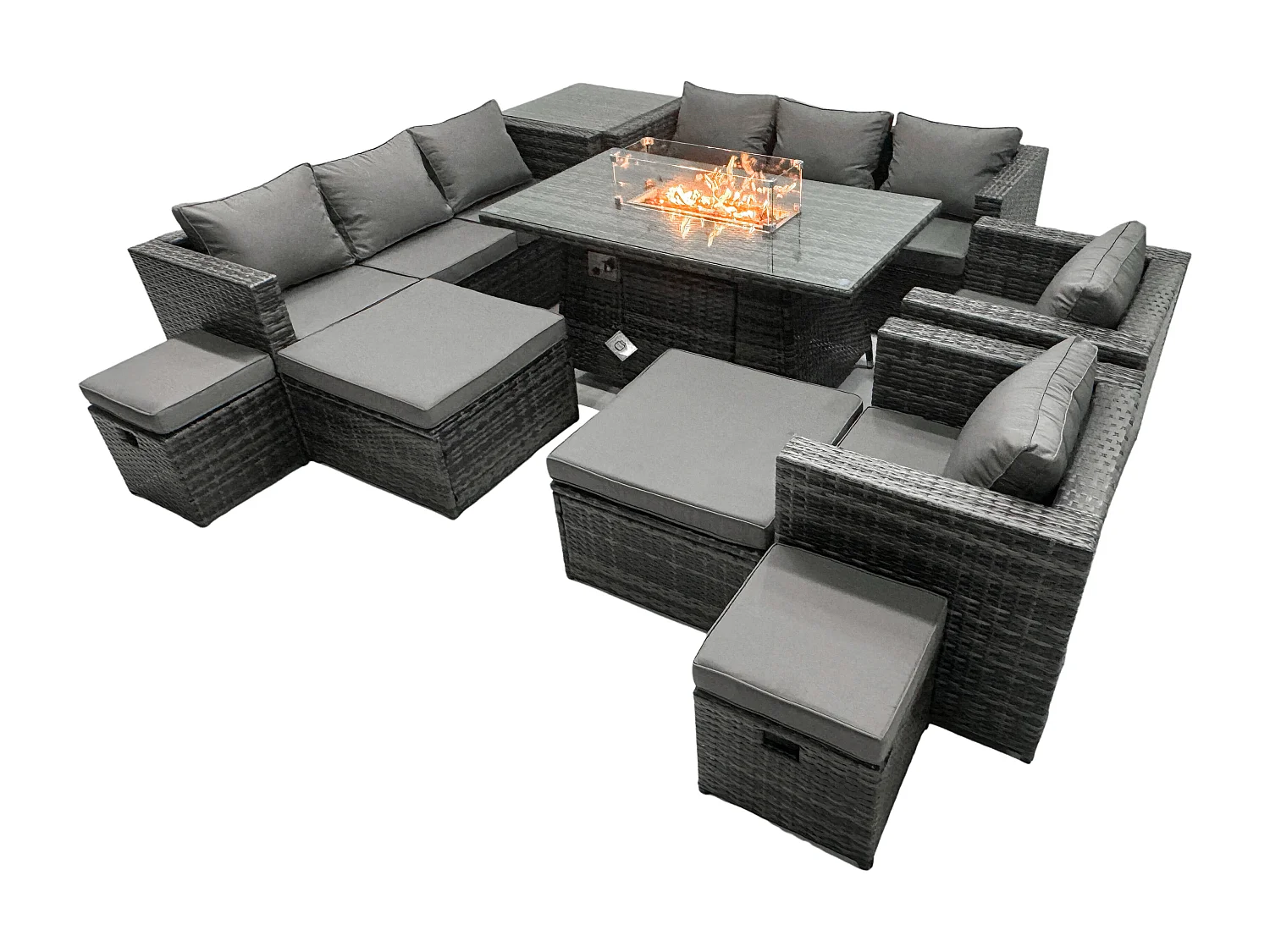 Ensemble de meubles de jardin en rotin ave Table de foyer à gaz 12 places Ensemble de canapés avec Table d'appoint 2 Grand tabourets