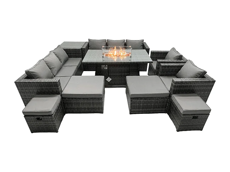 Ensemble de meubles de jardin en rotin ave Table de foyer à gaz 12 places Ensemble de canapés avec Table d'appoint 2 Grand tabourets