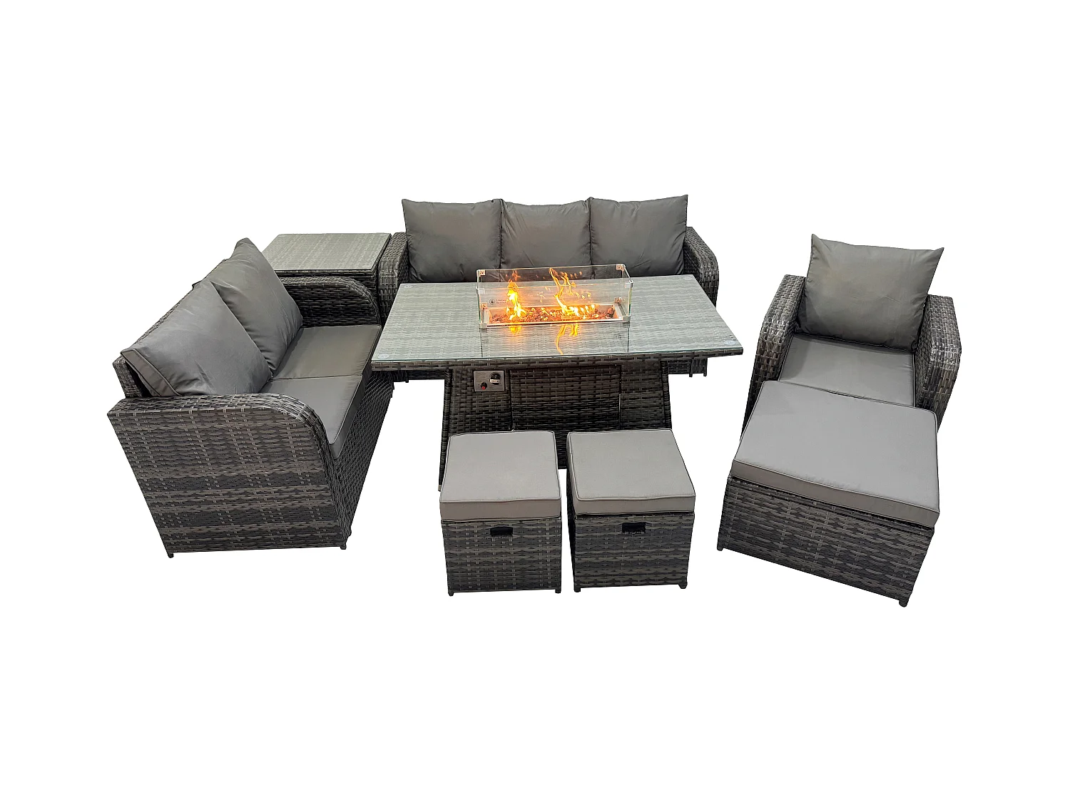 Ensemble Salon de Jardin Extérieur en polyrotin Table de foyer à gaz et Canapé Fauteuil avec Table d'appoint 3 Tabourets