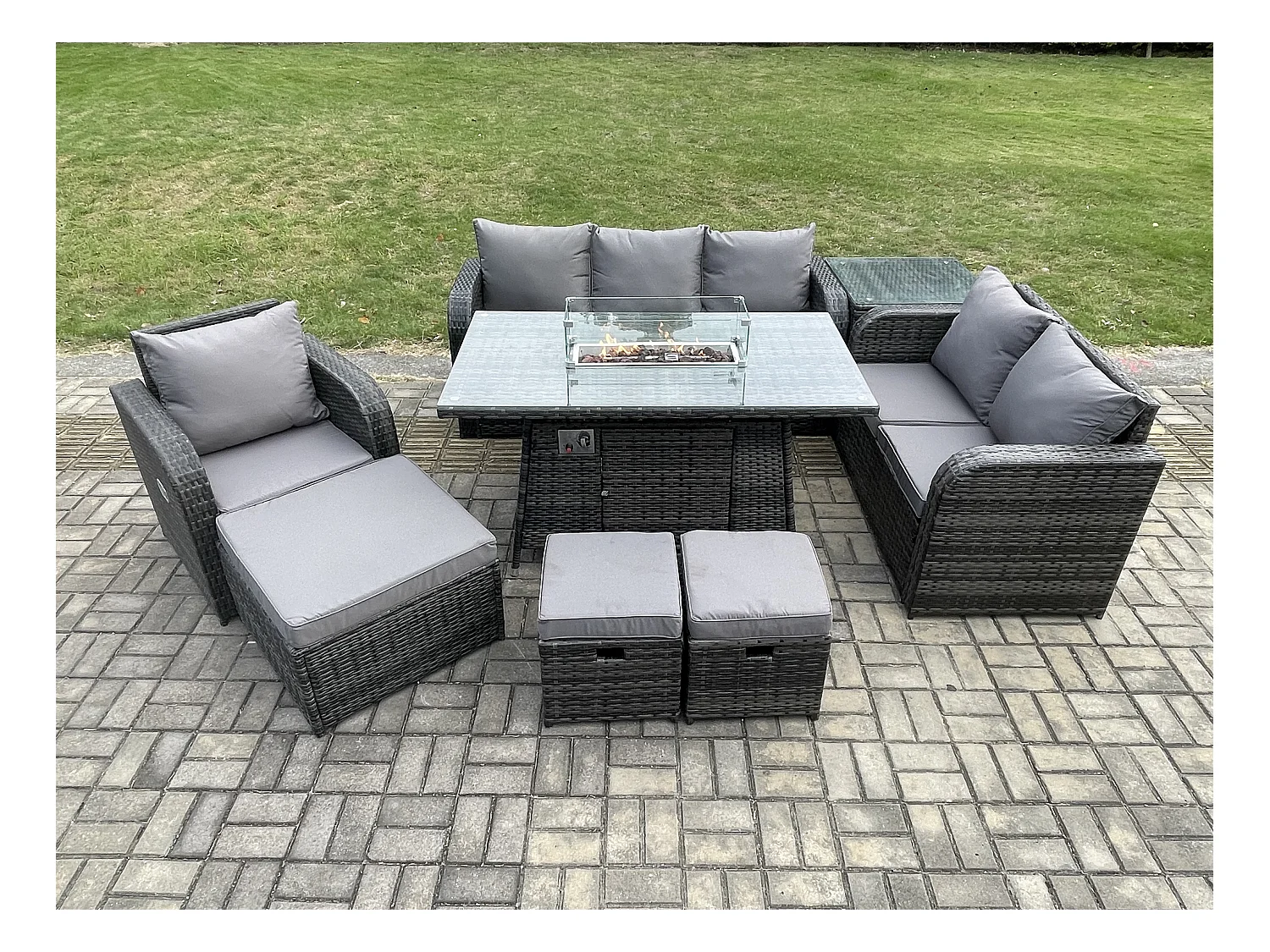 Ensemble Salon de Jardin Extérieur en polyrotin Table de foyer à gaz et Canapé Fauteuil avec Table d'appoint 3 Tabourets