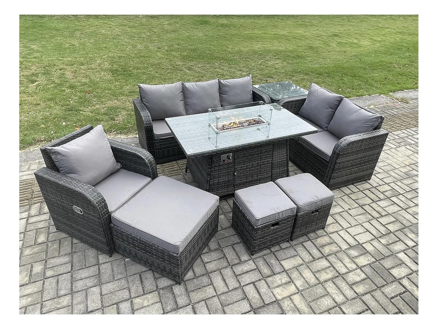 Ensemble Salon de Jardin Extérieur en polyrotin Table de foyer à gaz et Canapé Fauteuil avec Table d'appoint 3 Tabourets