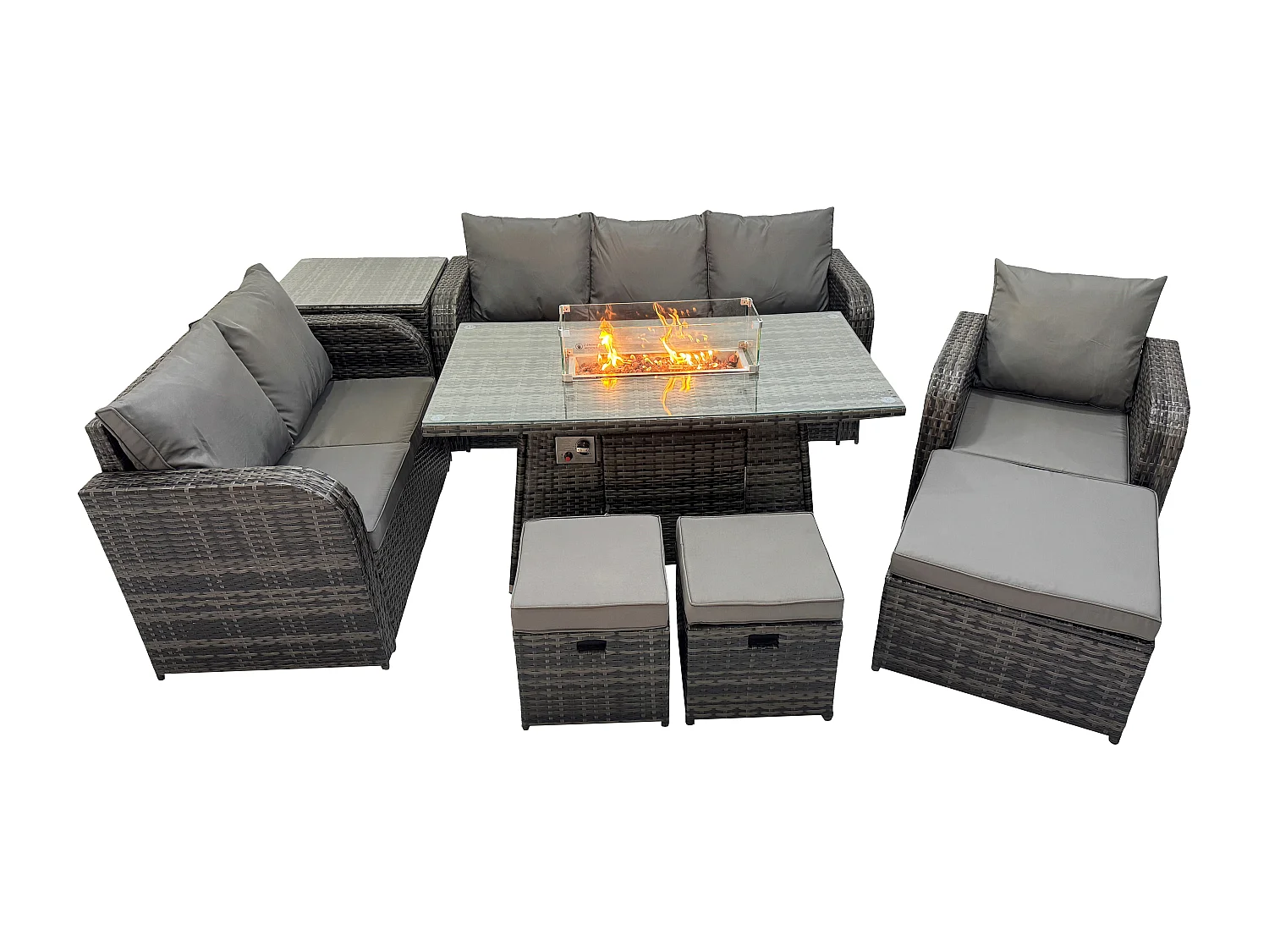 Polyrattan Gartenmöbel Set Garten Sofa im Freien Gasfeuerstelle Esstisch und Sofa Sessel set mit Beistelltisch 3 Hockern