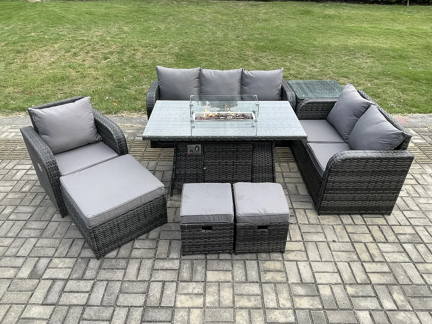 Polyrattan Gartenmöbel Set Garten Sofa im Freien Gasfeuerstelle Esstisch und Sofa Sessel set mit Beistelltisch 3 Hockern