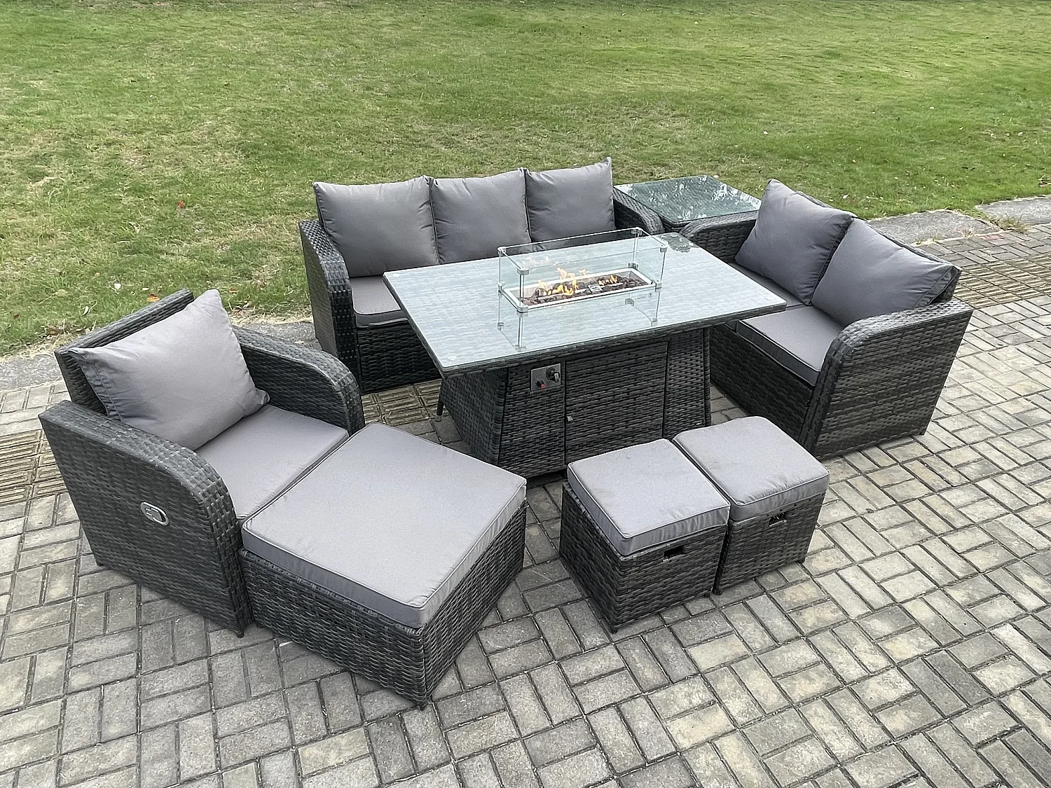 Polyrattan Gartenmöbel Set Garten Sofa im Freien Gasfeuerstelle Esstisch und Sofa Sessel set mit Beistelltisch 3 Hockern