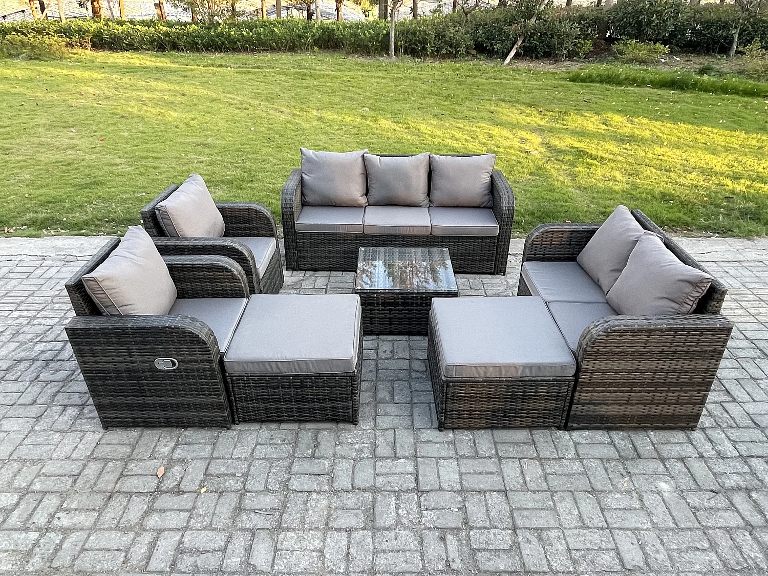 9 places Salon de jardin exterieur avec Canapés Table basse carrée 2 Grand tabourets Canapé d'amour Gris foncé mixte