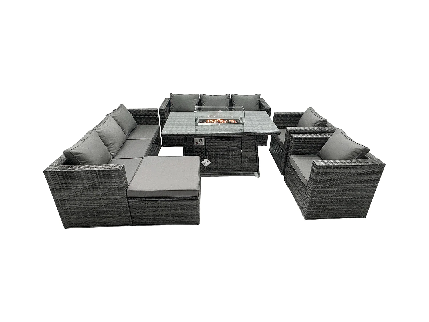 Polyrattan Gartenmöbel Set Gas Feuerstelle Esstisch Sofa Set mit Lehnstuhl Hockern