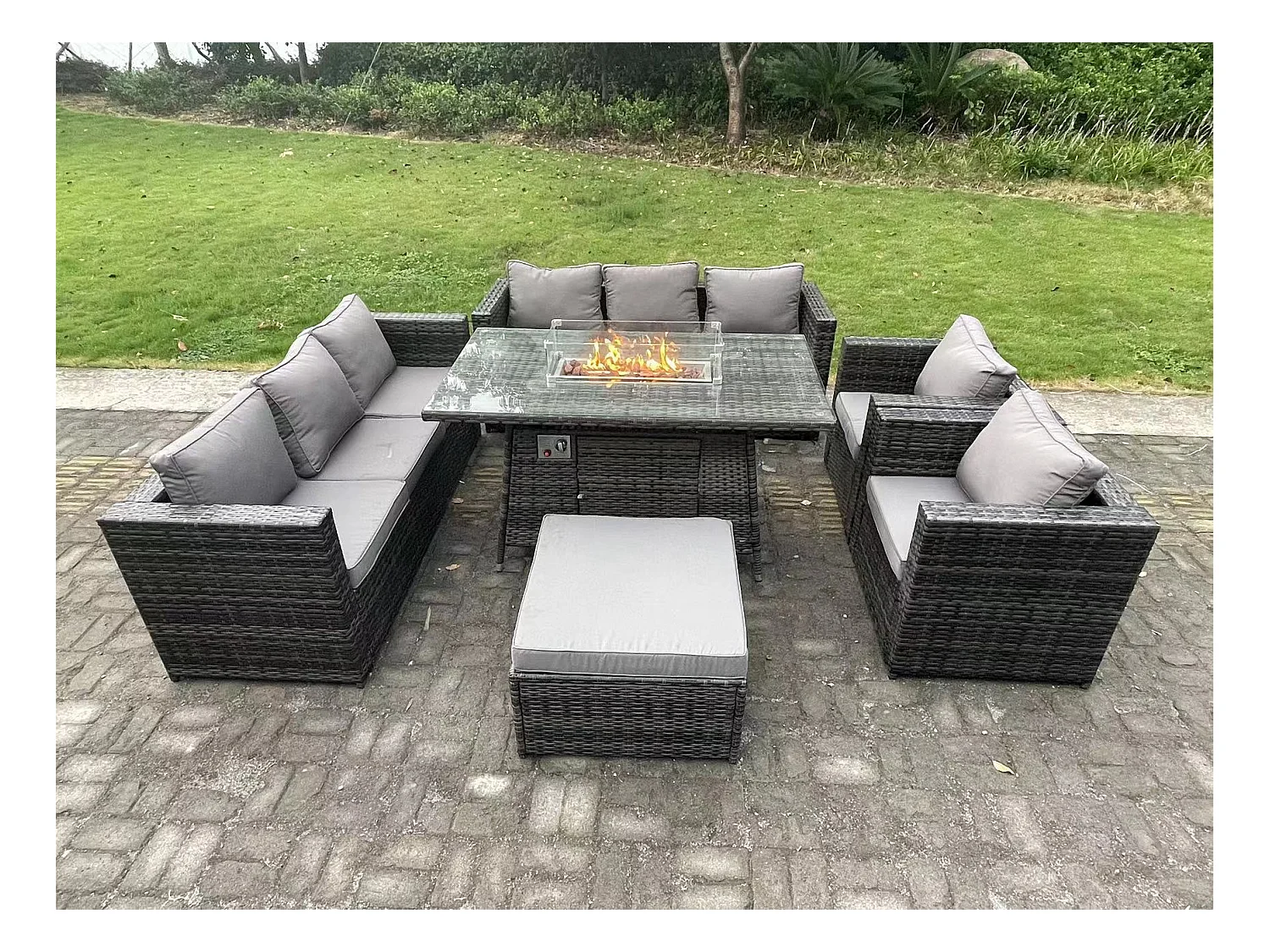 Polyrattan Gartenmöbel Set Gas Feuerstelle Esstisch Sofa Set mit Lehnstuhl Hockern