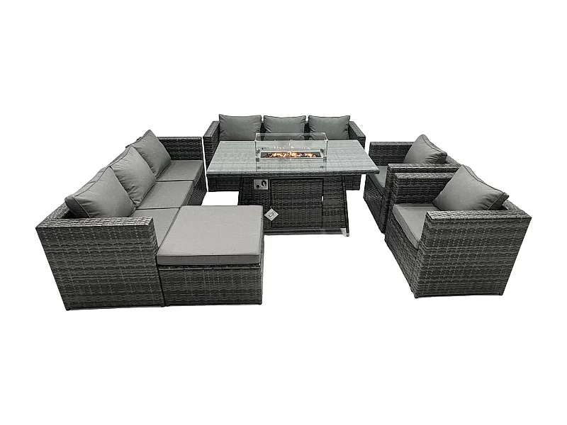 Polyrattan Gartenmöbel Set Gas Feuerstelle Esstisch Sofa Set mit Lehnstuhl Hockern