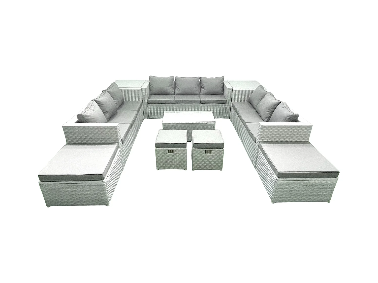 10 Pièces Salon de jardin Canapé de jardin Table basse avec 2 Tables d'appoint 4 Tabourets Gris clair mixte