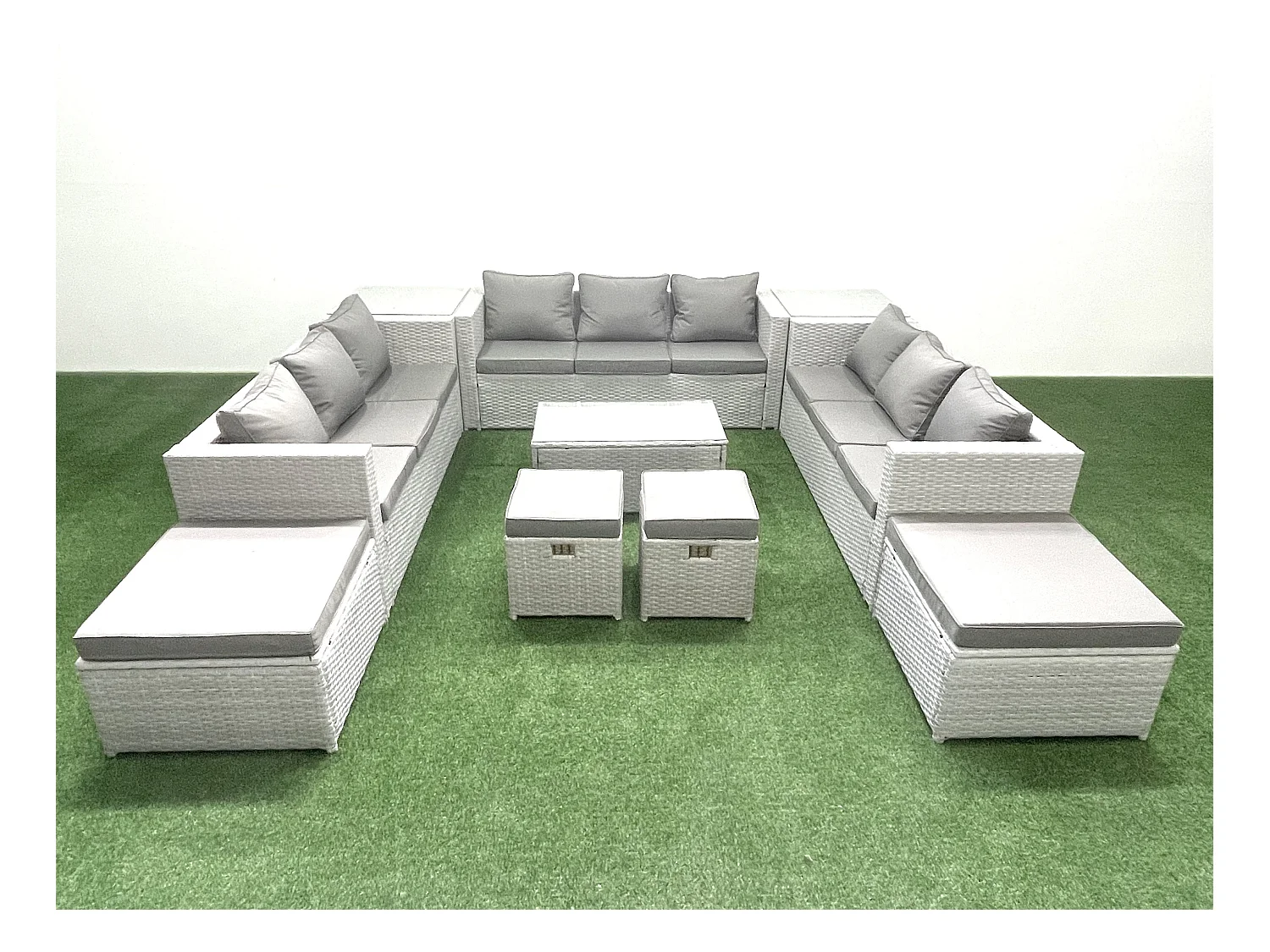 10 Pièces Salon de jardin Canapé de jardin Table basse avec 2 Tables d'appoint 4 Tabourets Gris clair mixte