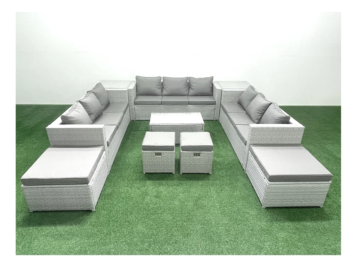 10 Pièces Salon de jardin Canapé de jardin Table basse avec 2 Tables d'appoint 4 Tabourets Gris clair mixte