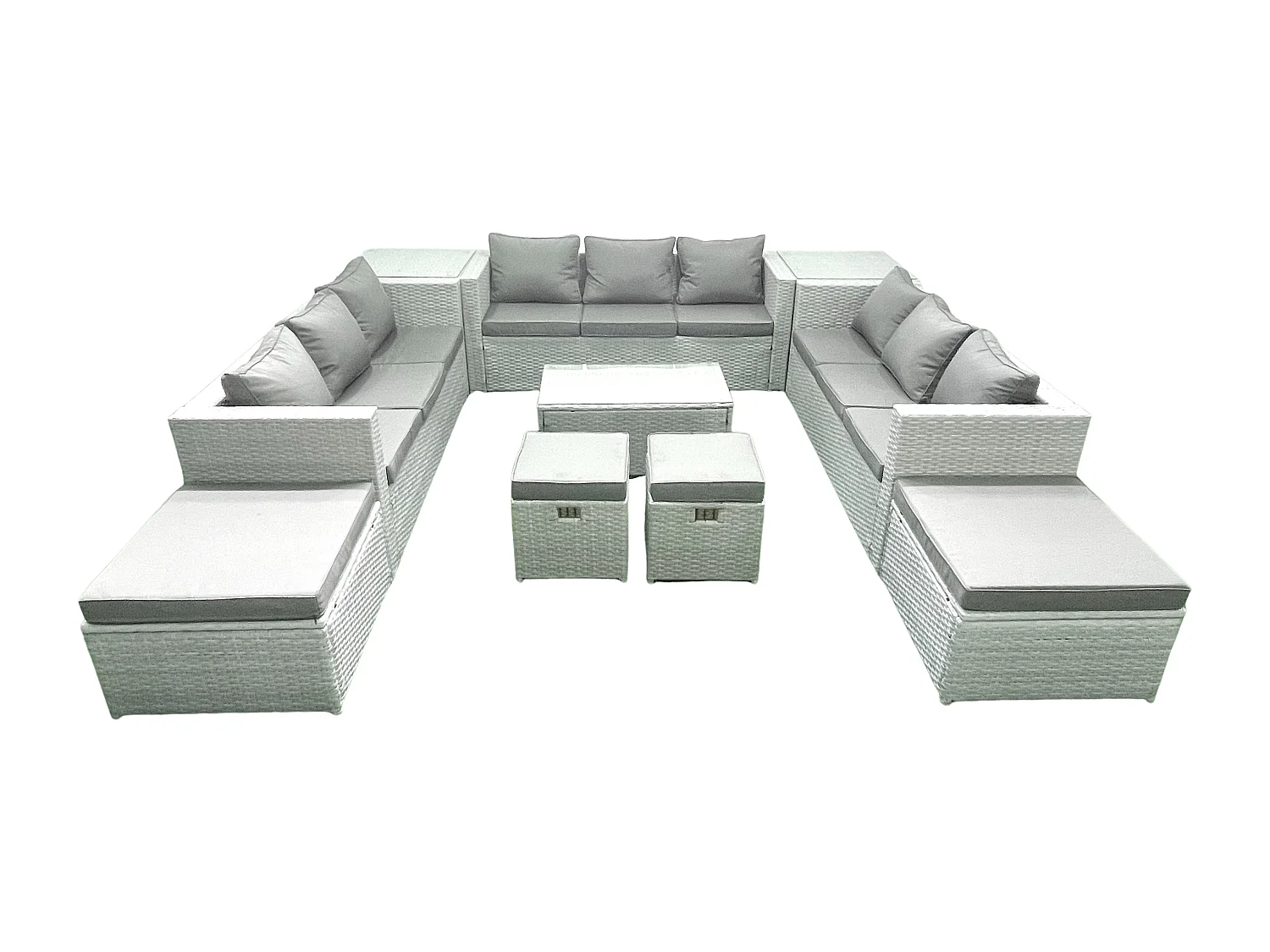 10 Pièces Salon de jardin Canapé de jardin Table basse avec 2 Tables d'appoint 4 Tabourets Gris clair mixte