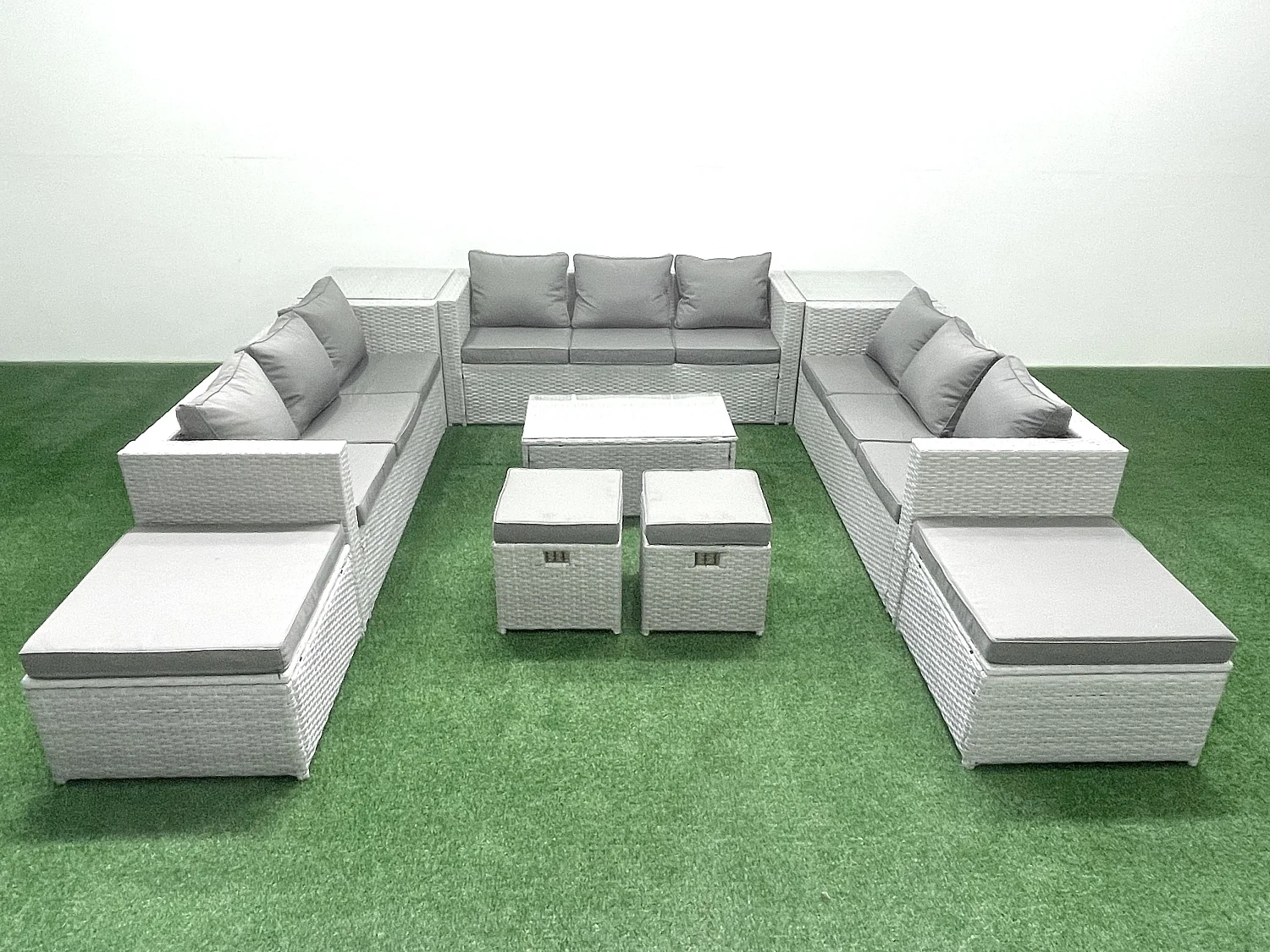 10 Pièces Salon de jardin Canapé de jardin Table basse avec 2 Tables d'appoint 4 Tabourets Gris clair mixte