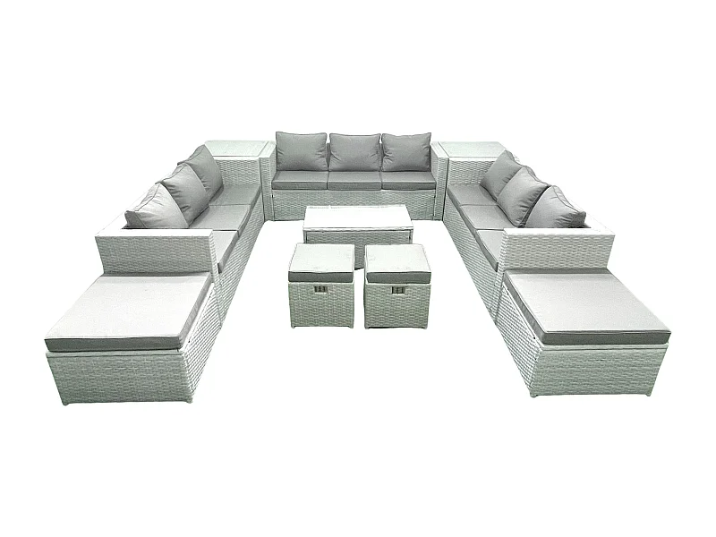 10 Pièces Salon de jardin Canapé de jardin Table basse avec 2 Tables d'appoint 4 Tabourets Gris clair mixte