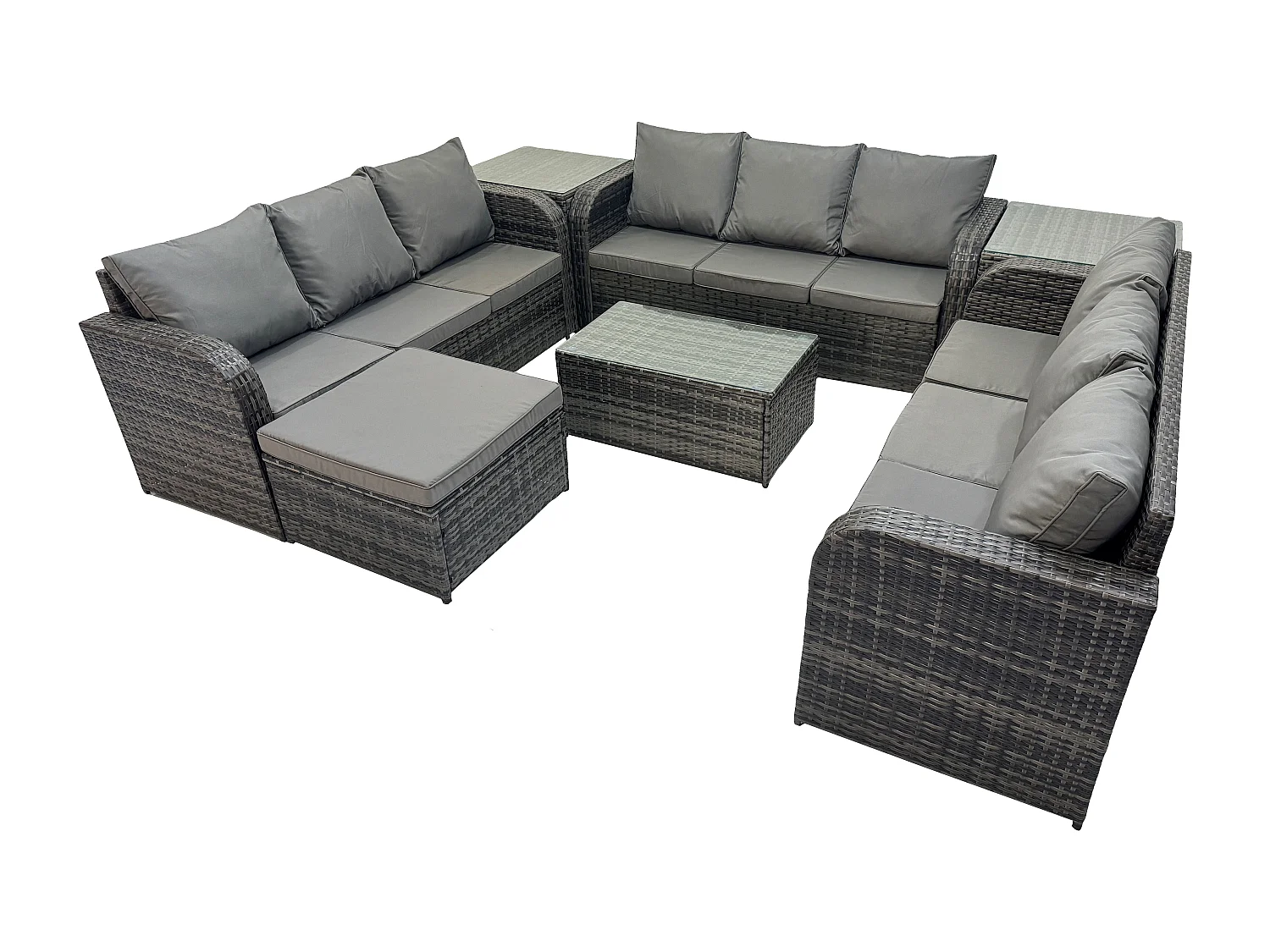 Ensemble de canapés en rotin 10 places salon de jardin avec Table basse rectangulaire Canapé 3 places 2 Tables d'appoint Grand tabouret Gris foncé mixte