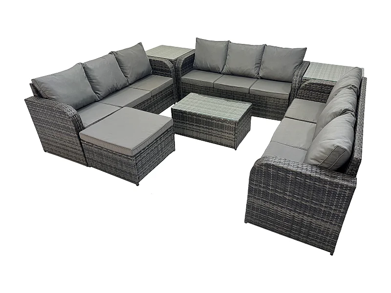 Ensemble de canapés en rotin 10 places salon de jardin avec Table basse rectangulaire Canapé 3 places 2 Tables d'appoint Grand tabouret Gris foncé mixte