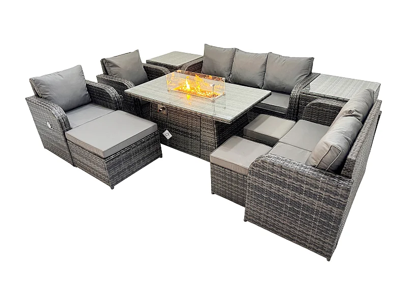 Salon de jardin exterieur Table de foyer à gaz et Canapé Fauteuil avec 3 Tabourets 2 Tables d'appoint