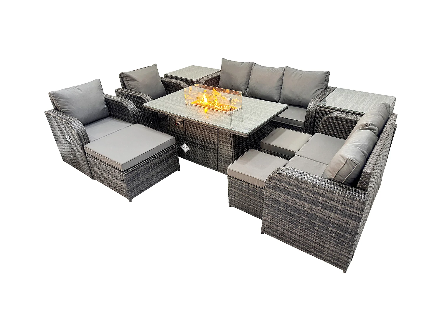 Polyrattan Gartenmöbelset Gasfeuerstelle Esstisch und Sofa Sessel set mit 3 Hockern 2 Beistelltischen