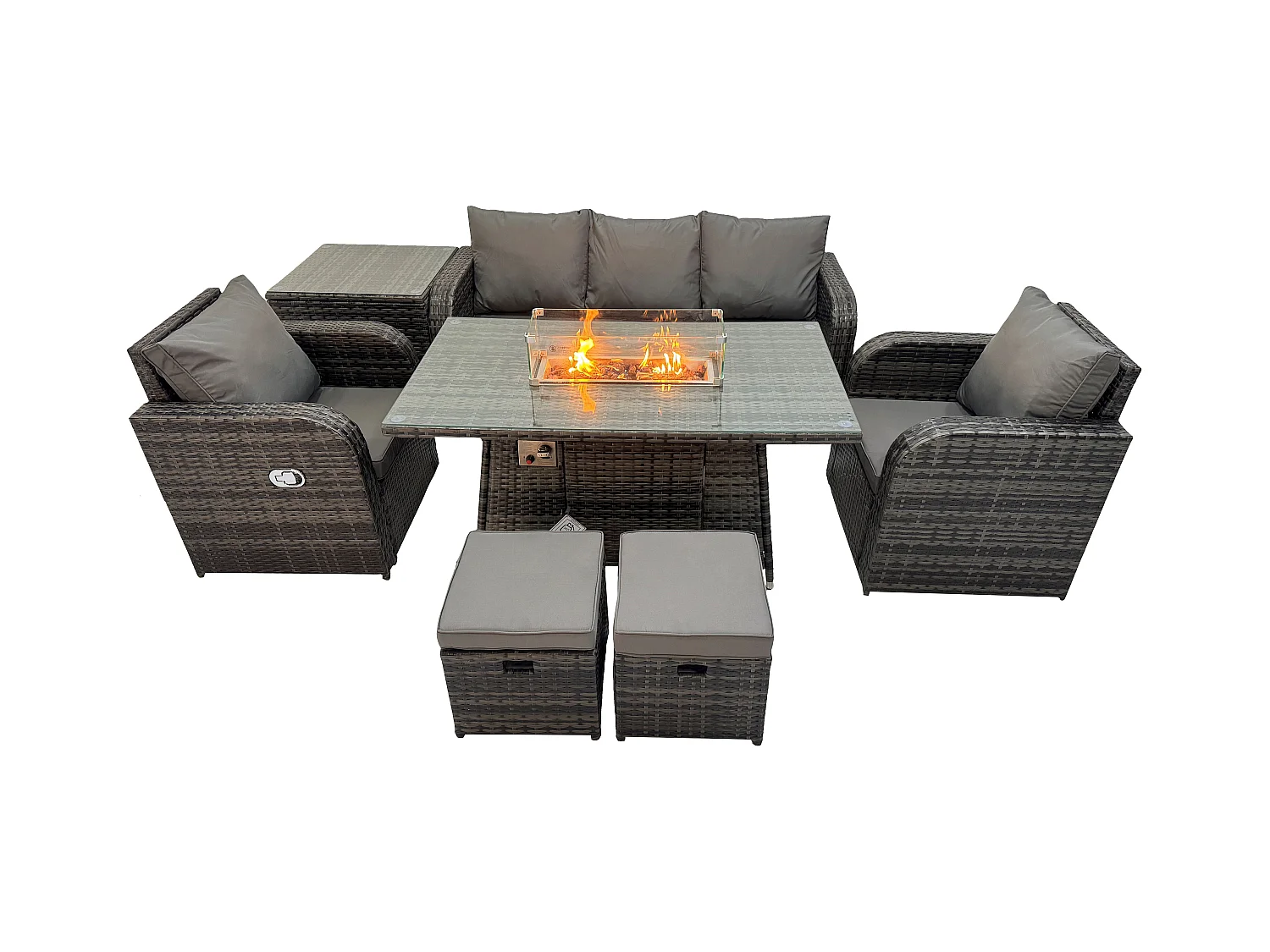 Polyrattan Gartenmöbelset Gasfeuerstelle Esstisch mit Sofa Beistelltischen 2 kleinen Hockern