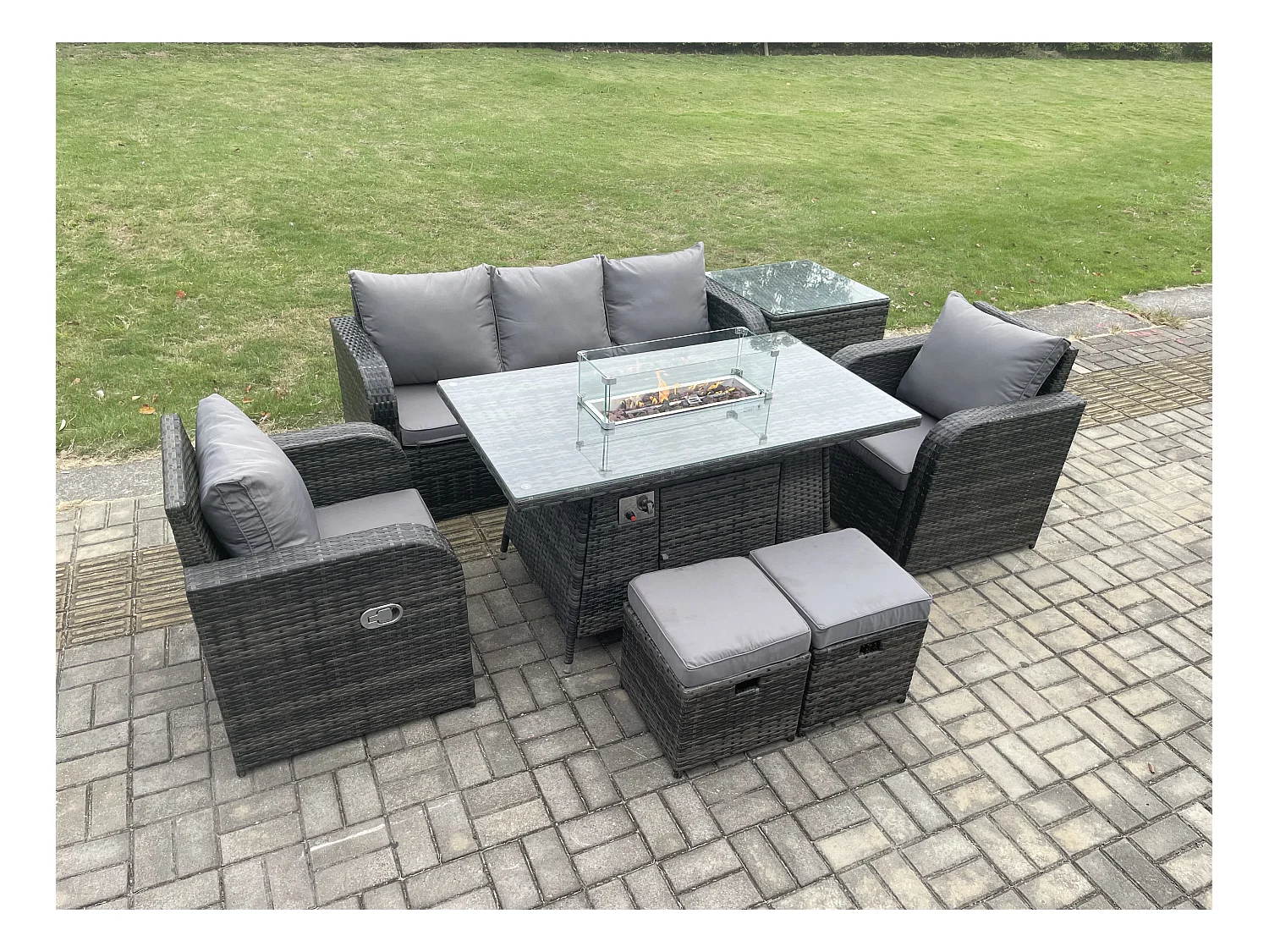 Polyrattan Gartenmöbelset Gasfeuerstelle Esstisch mit Sofa Beistelltischen 2 kleinen Hockern