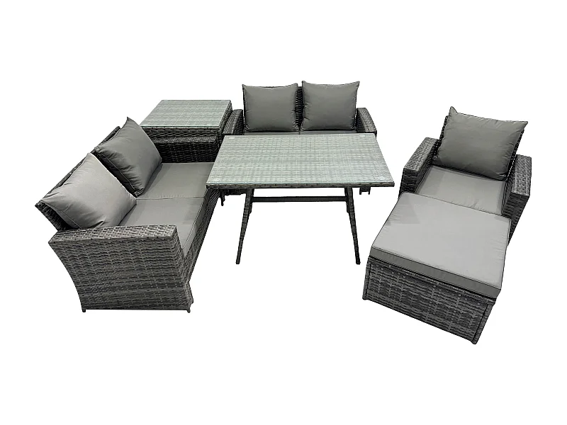 6 places Ensemble de canapé en rotin extérieur avec Table à manger rectangulaire Canapé à deux places Grand tabouret Table d'appoint Gris foncé mixte