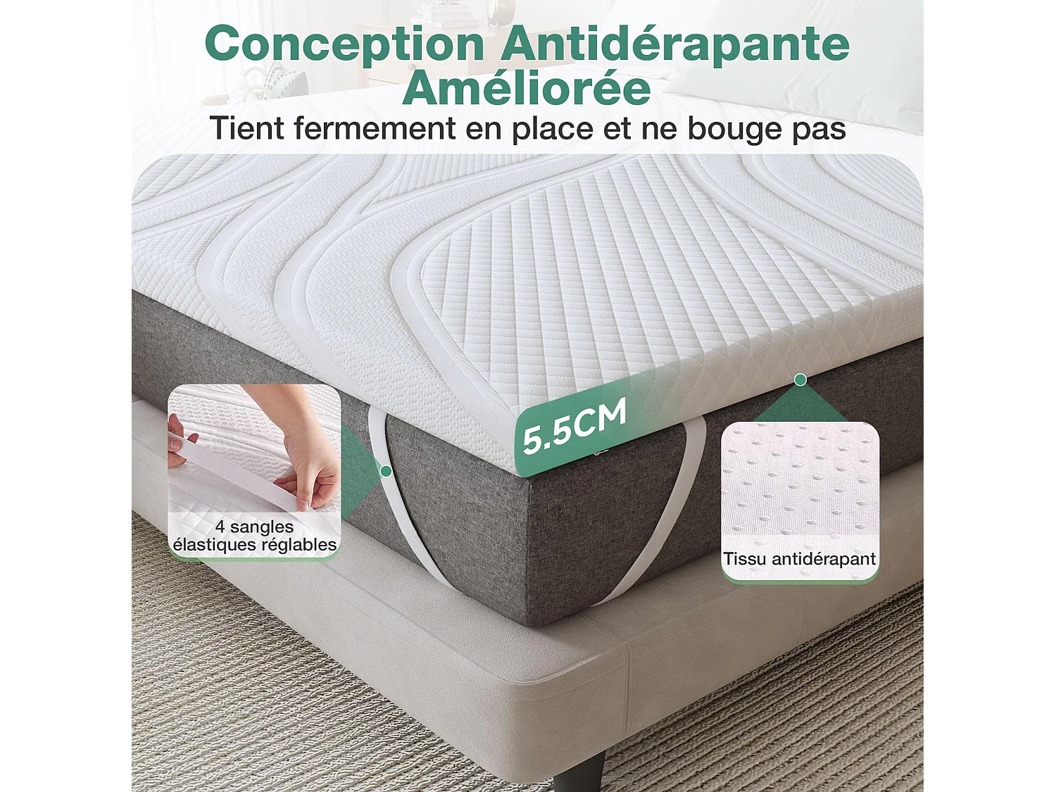 Surmatelas 160x200 cm HavenlyHome, Épaisseur de 6 cm, Mousse à haute résilience, Confort moelleux ou tonique, Ergonomique