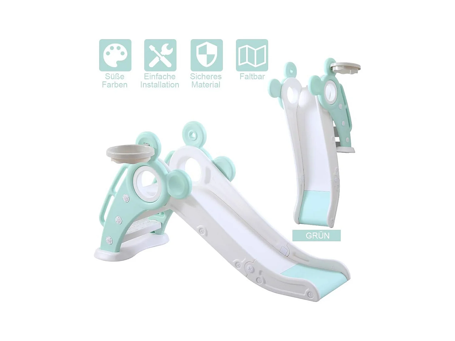 Toboggan de Jardin Pliable avec Panier de Basketball Yoleo pour Enfants de 1 à 3 Ans, Vert